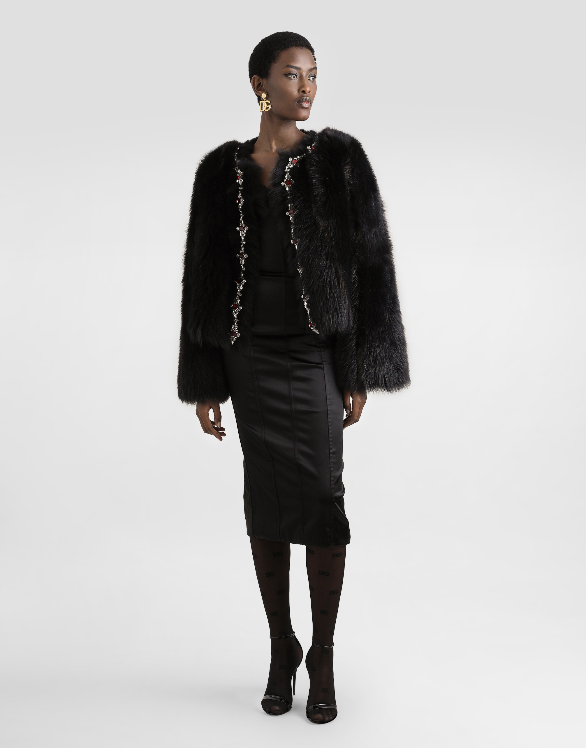 Dolce & Gabbana Fluffy Sheepskin Jacket With Inlay In Black