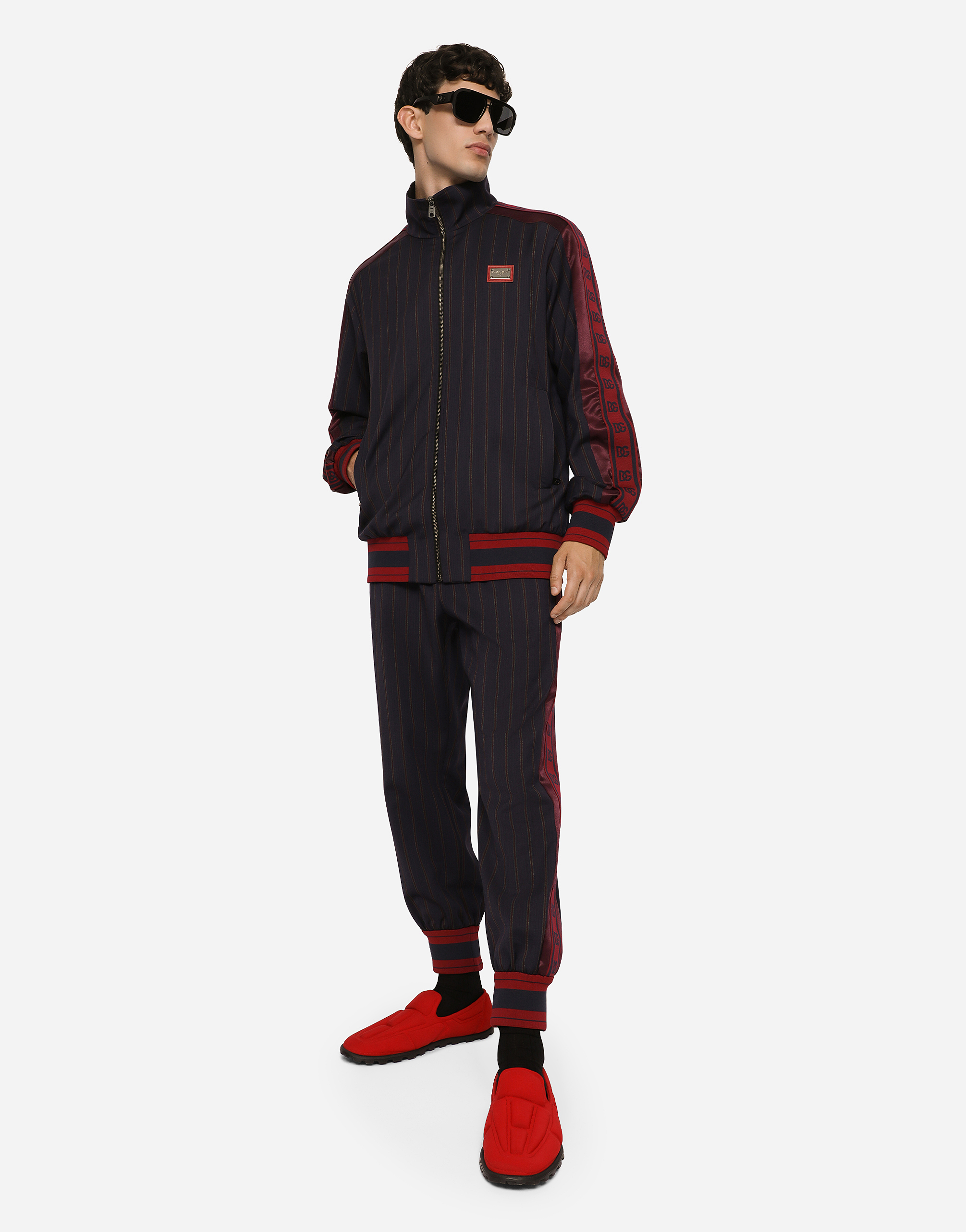 DOLCE & GABBANA PINSTRIPE JOGGING PANTS WITH BRANDED BANDS