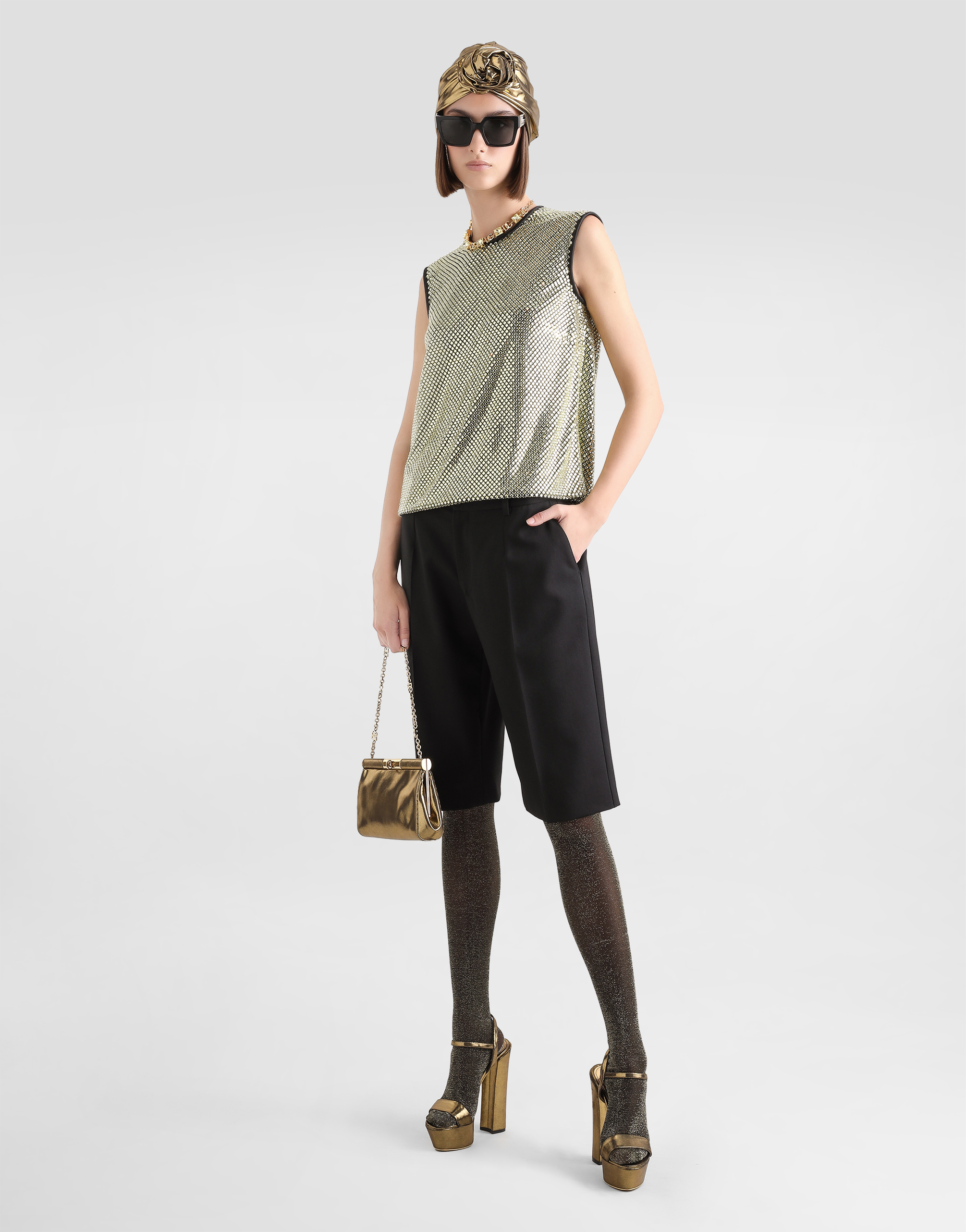 Dolce & Gabbana Sleeveless Blouse In Crystal Mesh In Oro