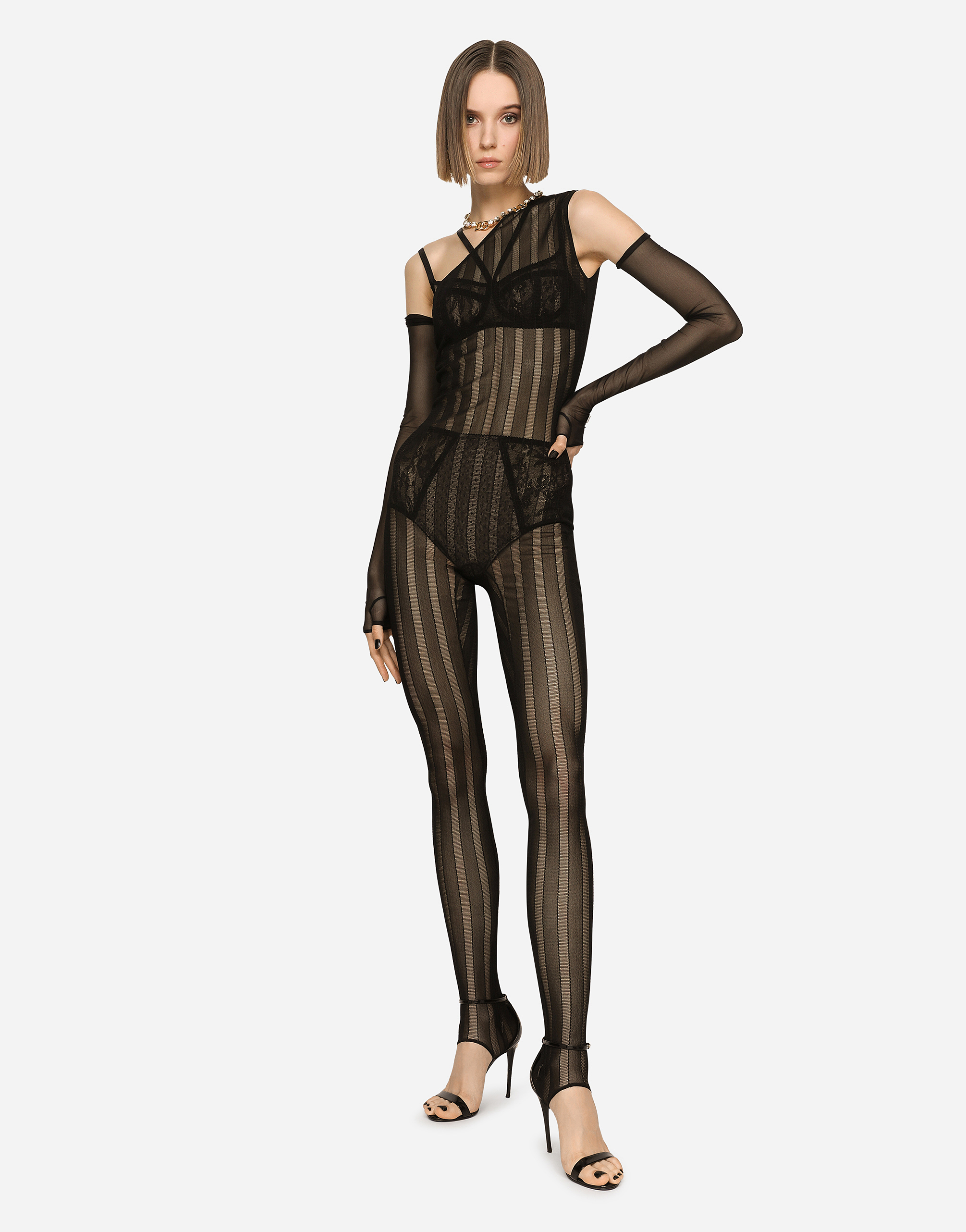 Dolce & Gabbana One-shoulder Tulle Jacquard Jumpsuit In Black