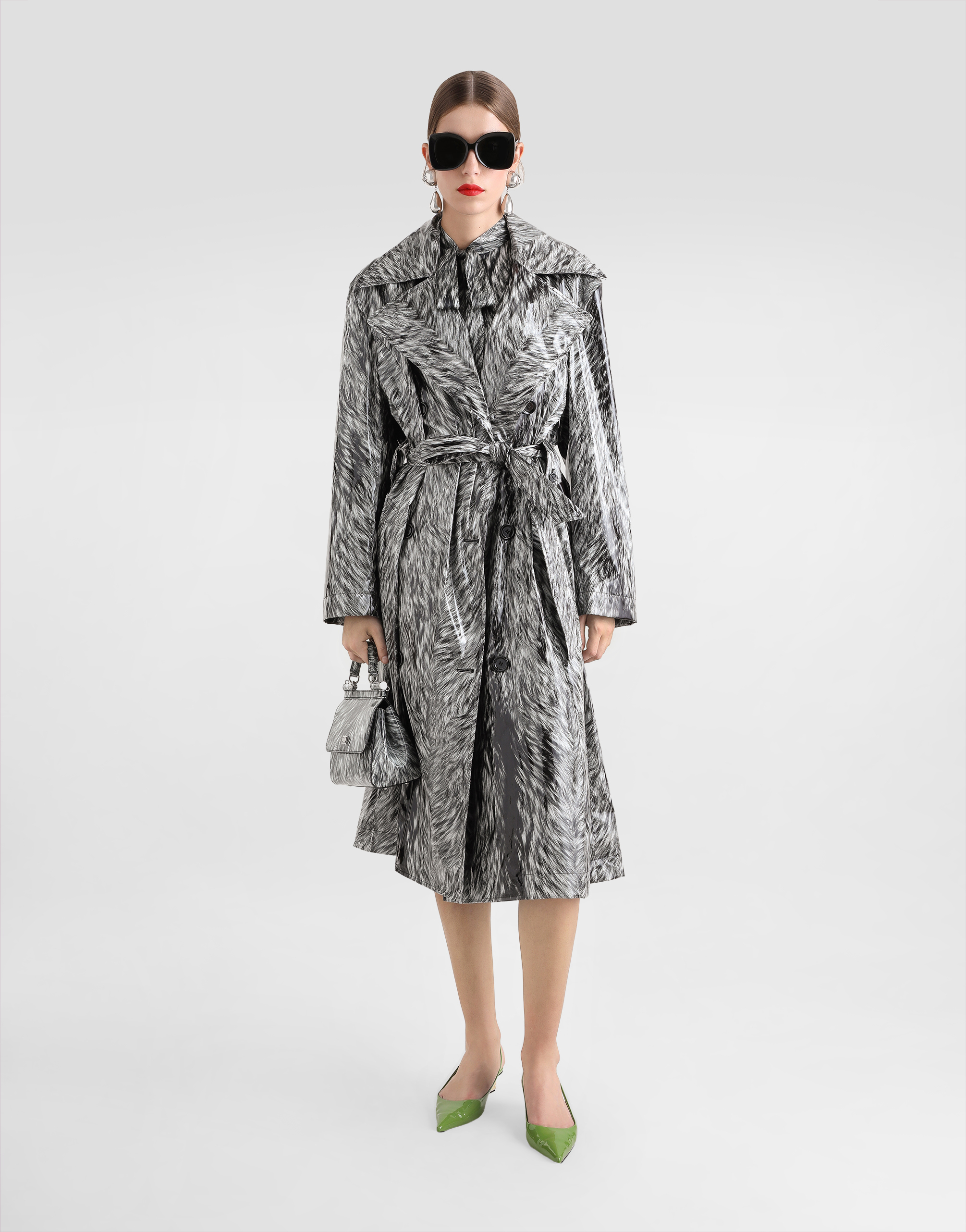 Dolce & Gabbana Fur-print Coated Satin Trench Coat In Grey