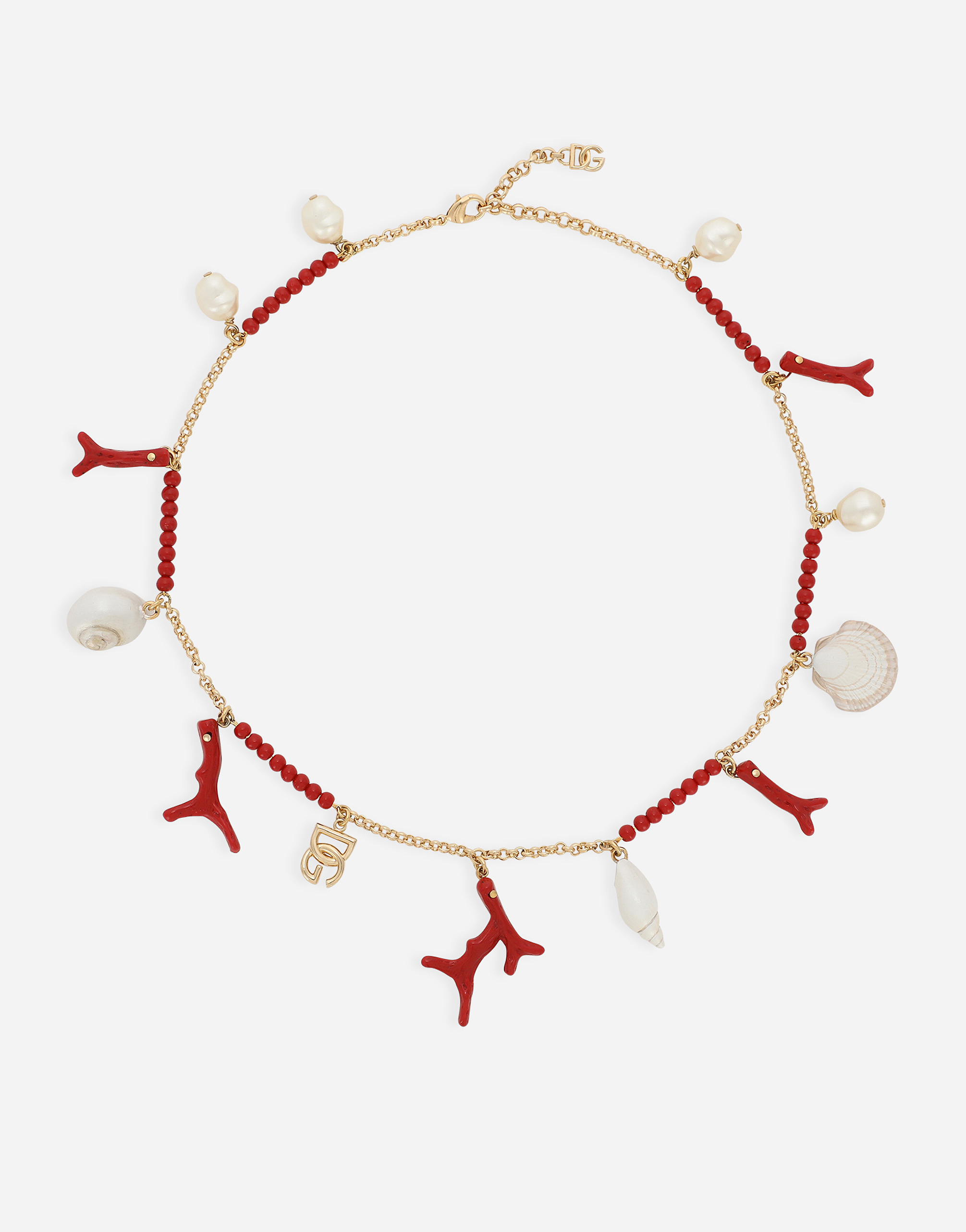 Dolce & Gabbana Necklace With Dg Logo And Shells And Coral Charms - Woman Bijoux Gold Metal Onesize