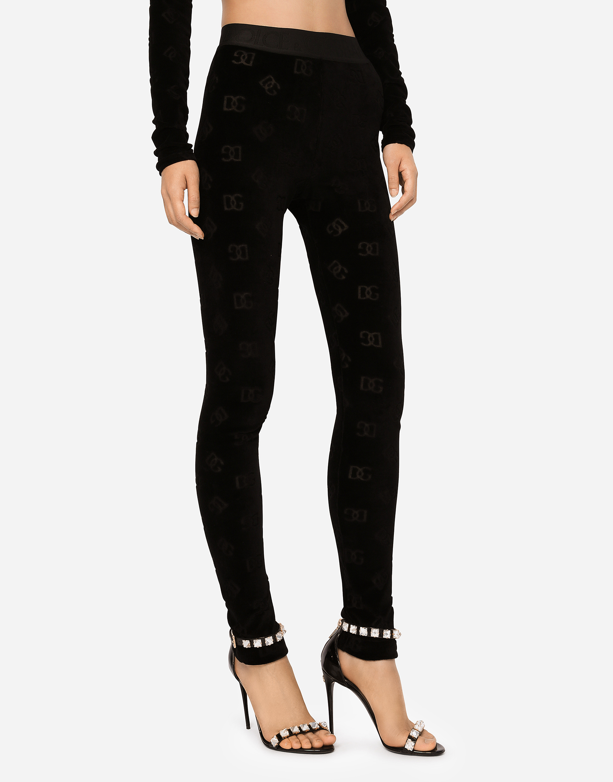 DOLCE & GABBANA FLOCKED JERSEY LEGGINGS WITH ALL-OVER DG LOGO