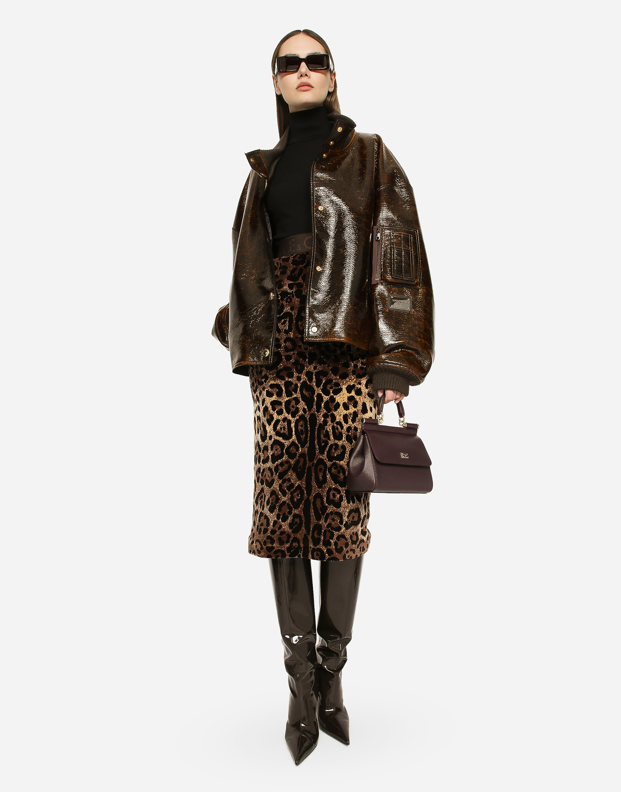 DOLCE & GABBANA CHENILLE CALF-LENGTH SKIRT WITH JACQUARD LEOPARD DESIGN