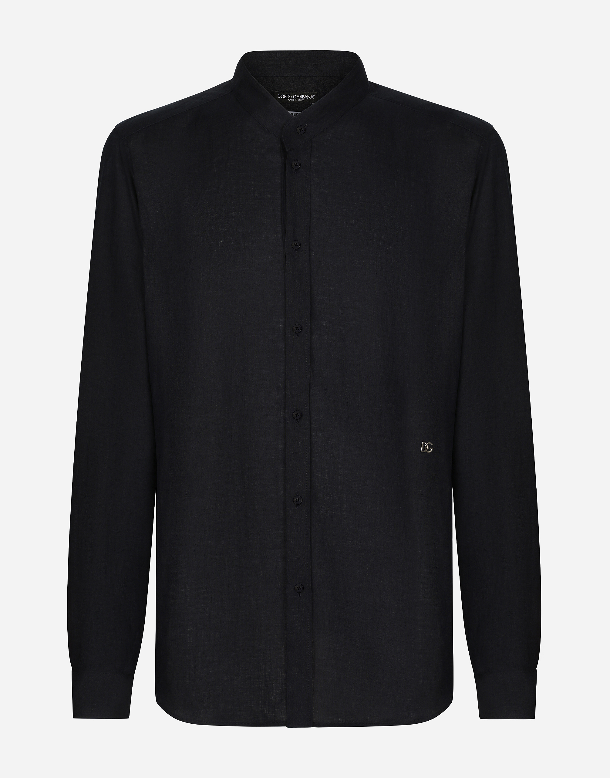 Dolce & Gabbana Male Blue Linen Martini-Fit Shirt With Dg Hardware - Man Shirts Linen Size 41