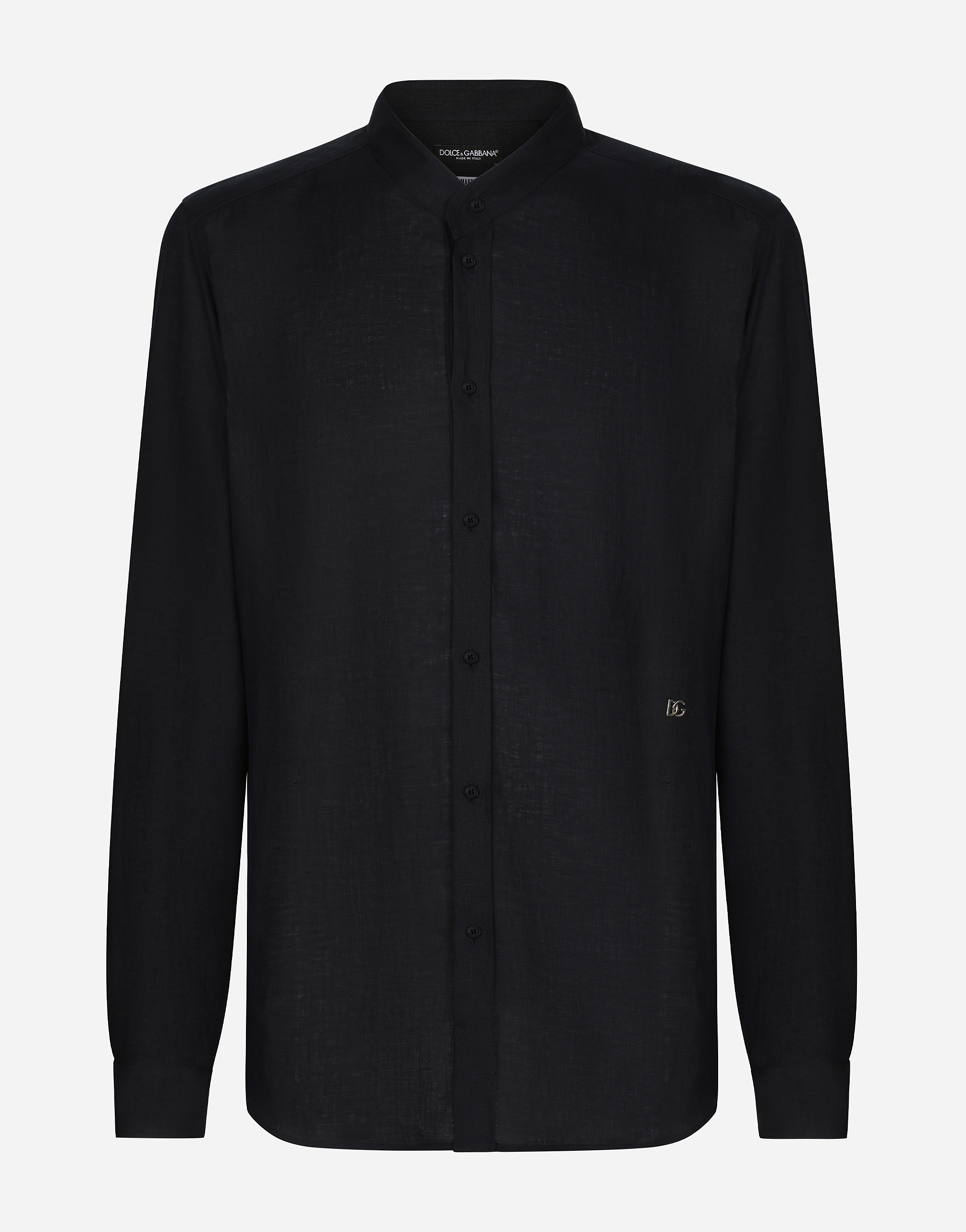 Dolce & Gabbana Linen Martini-fit Shirt With Dg Hardware In Blue