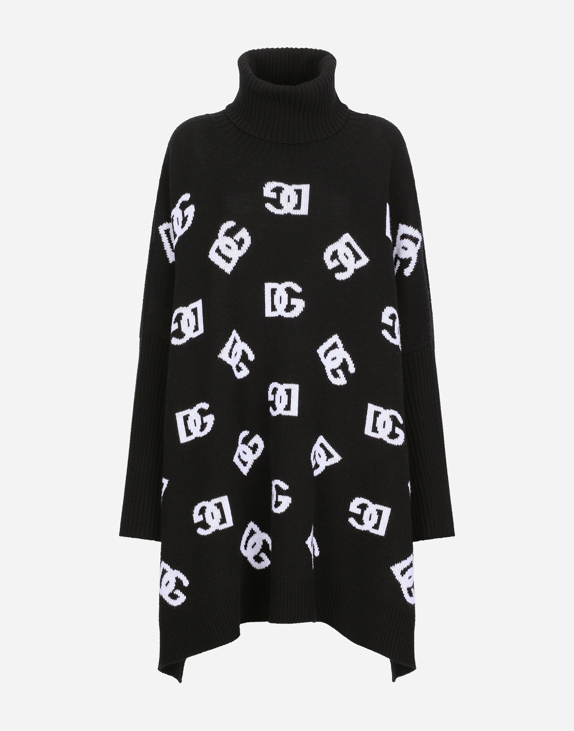 Dolce & Gabbana Wool Poncho With Jacquard Dg Logo In Black_white