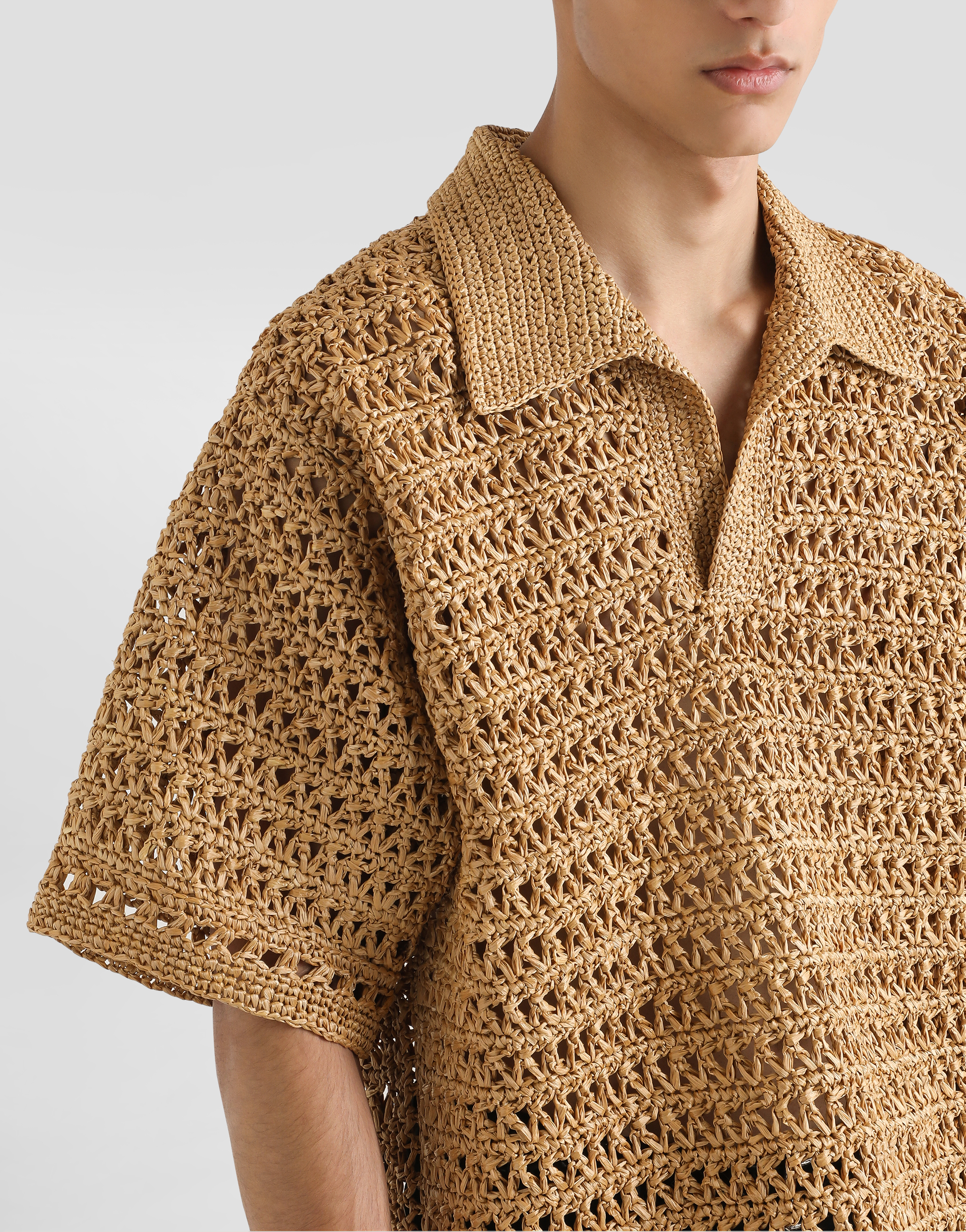 Short-sleeved viscose crochet polo-shirt