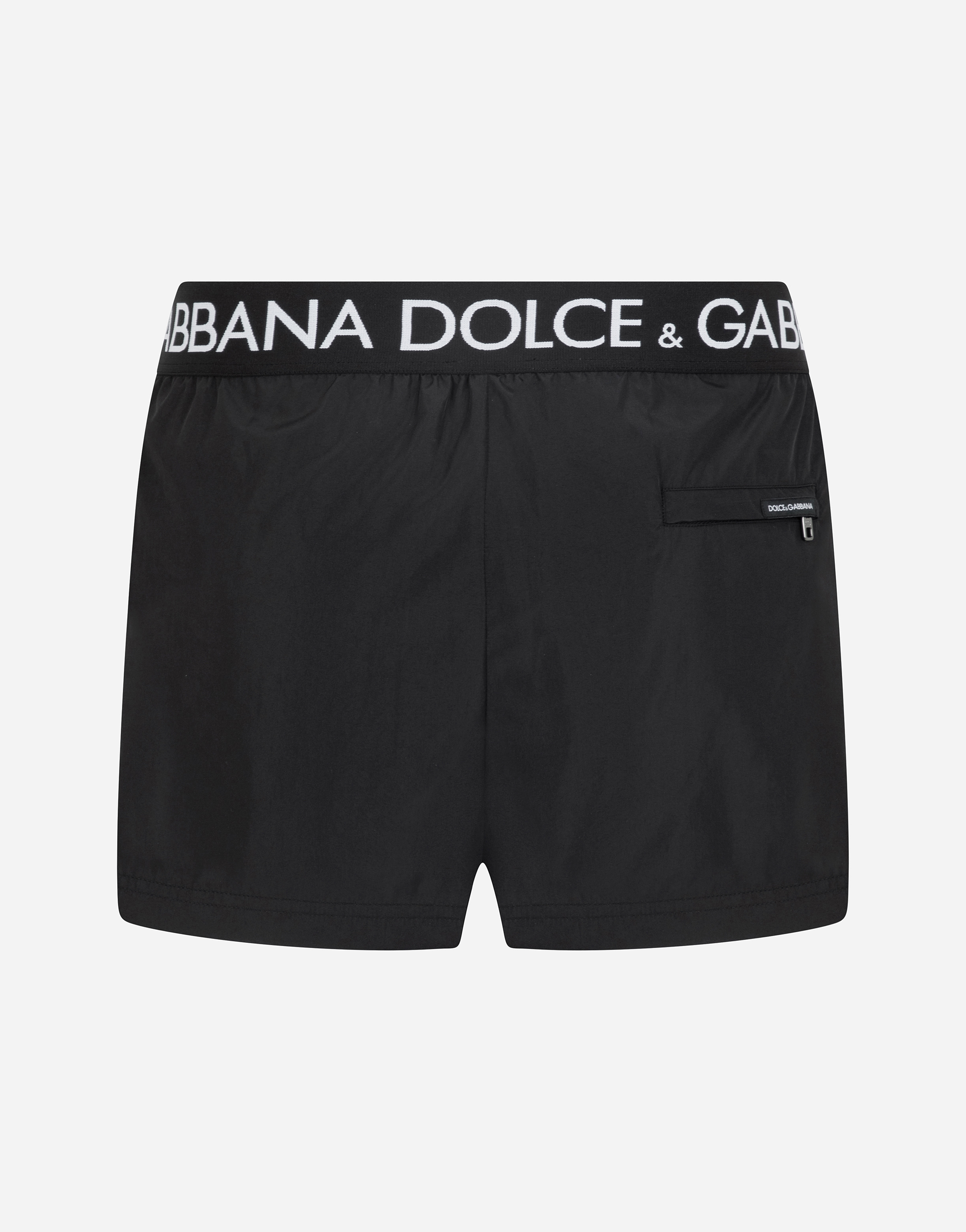 Shop Dolce & Gabbana Short Swim Trunks With Branded Stretch Waistband In Black