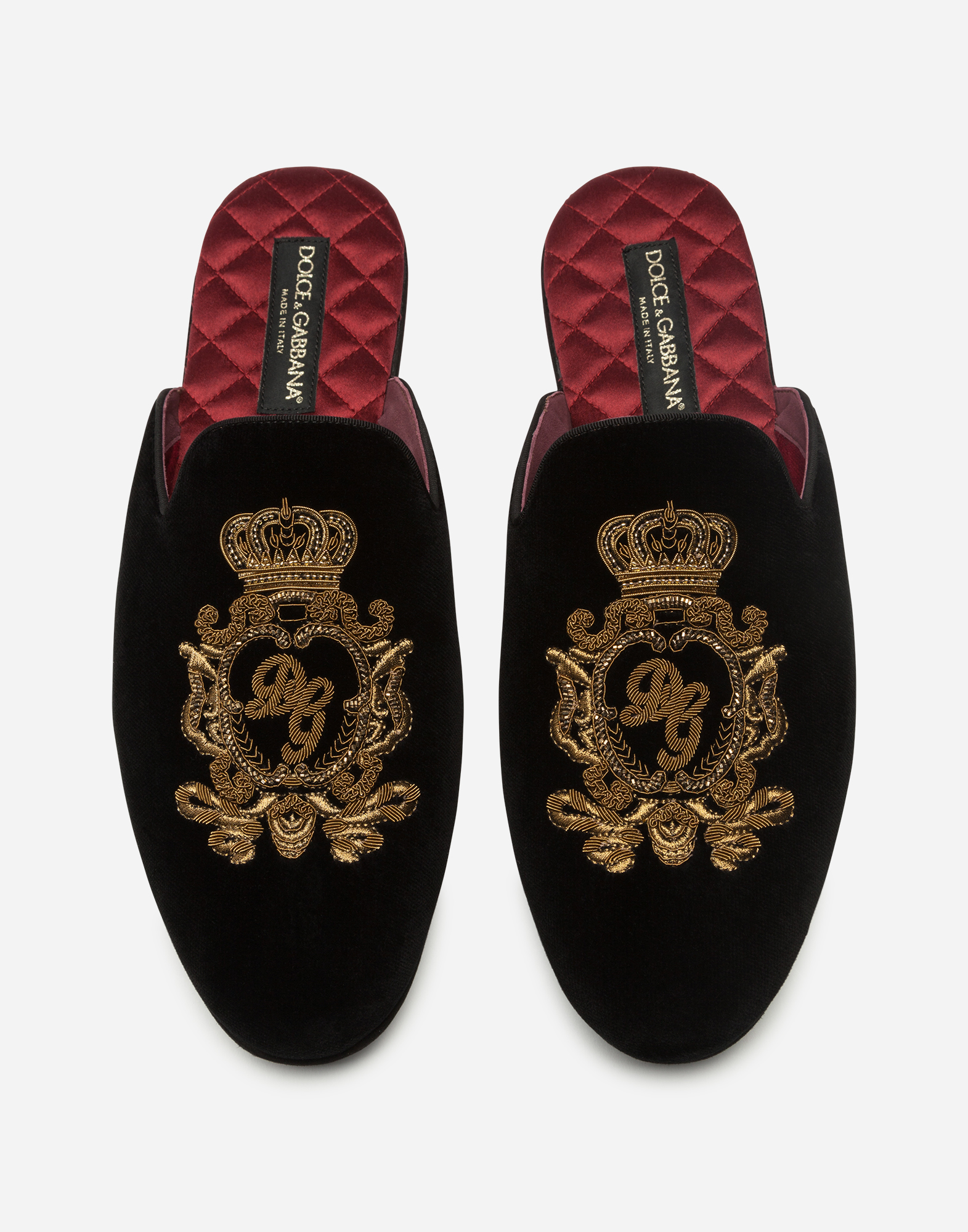Shop Dolce & Gabbana Velvet Slippers With Coat Of Arms Embroidery In Black