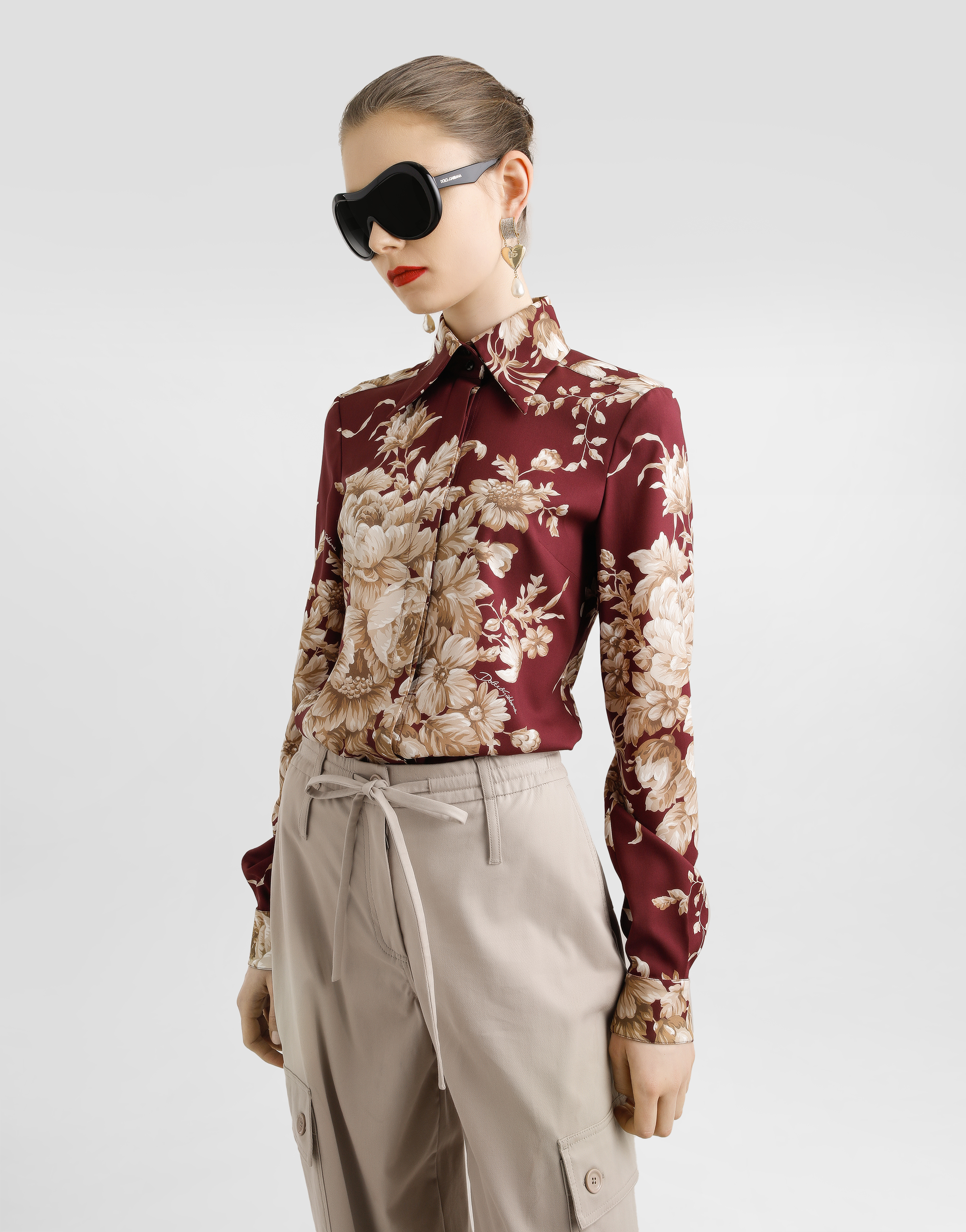 Dolce & Gabbana Rose-print Charmeuse Shirt In Brown