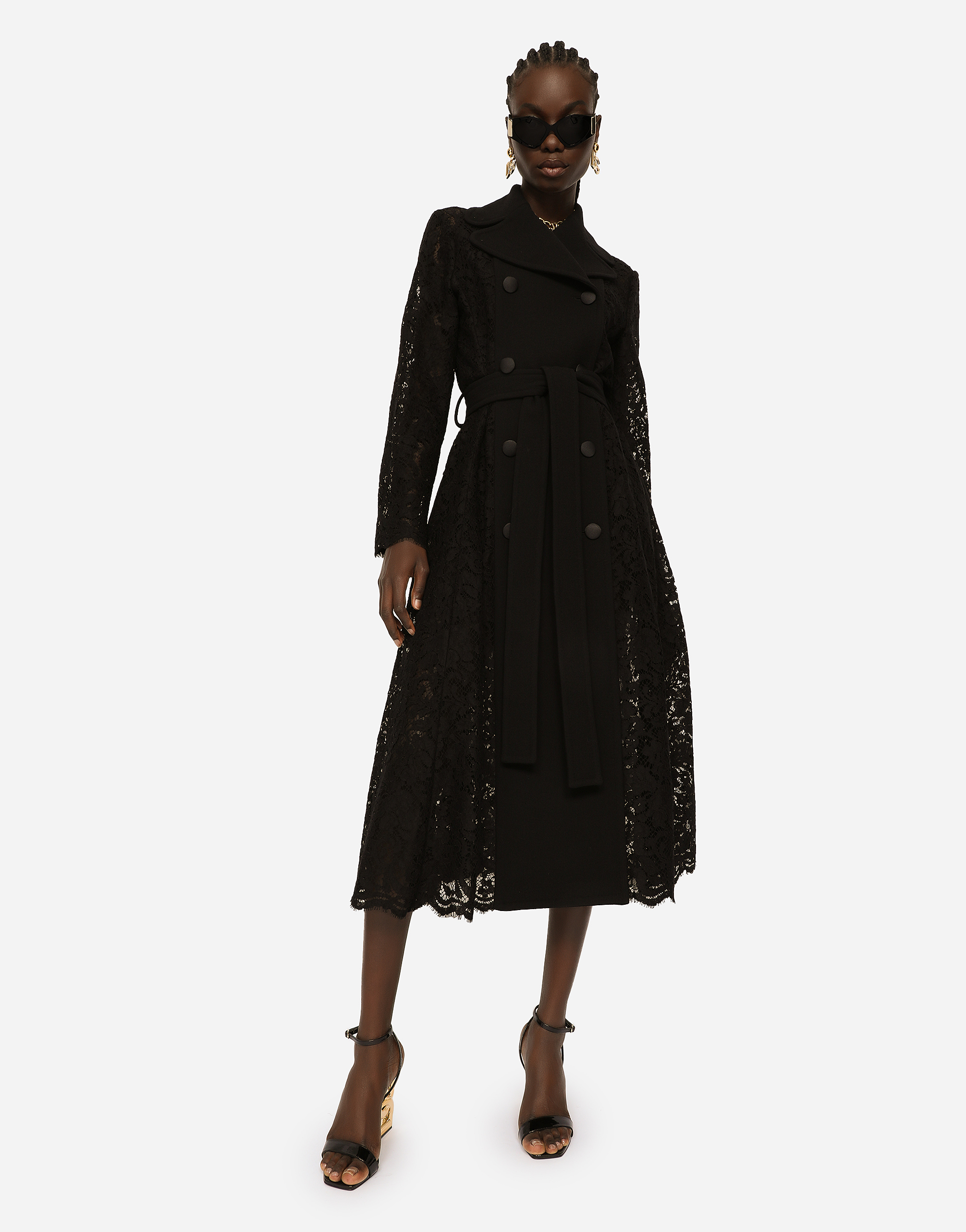  Dolce & Gabbana Zweireihiger Mantel Aus Crêpe Und Spitze Mit Gürtel - Frau Mäntel Und Jacken Schwarz 40 