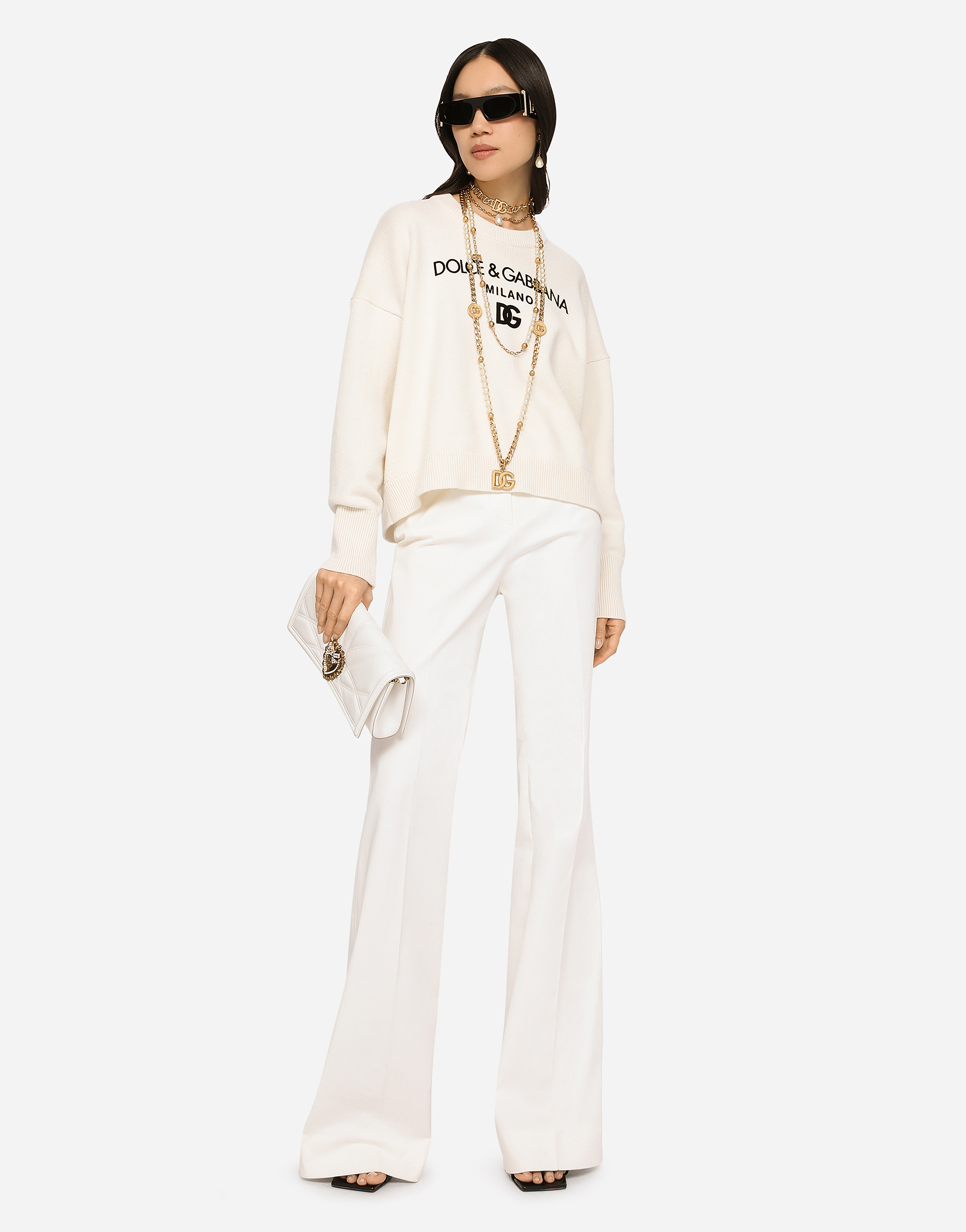 Shop Dolce & Gabbana Cashmere Sweater With Flocked Dg Logo In White