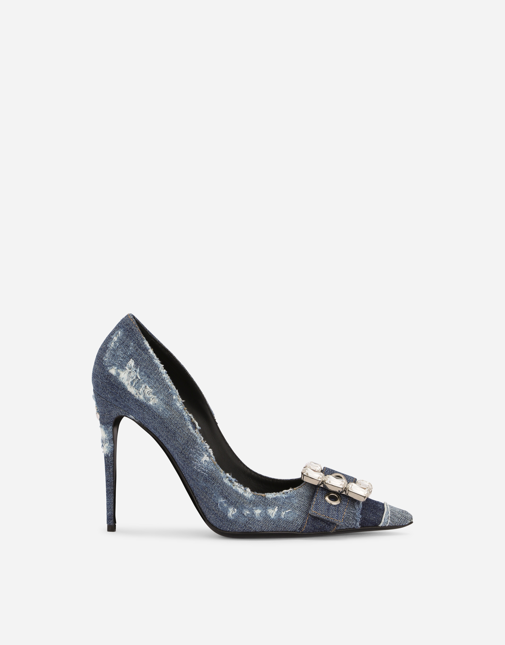 Dolce & Gabbana Patchwork Denim Pumps With Rhinestone Buckle In Blue