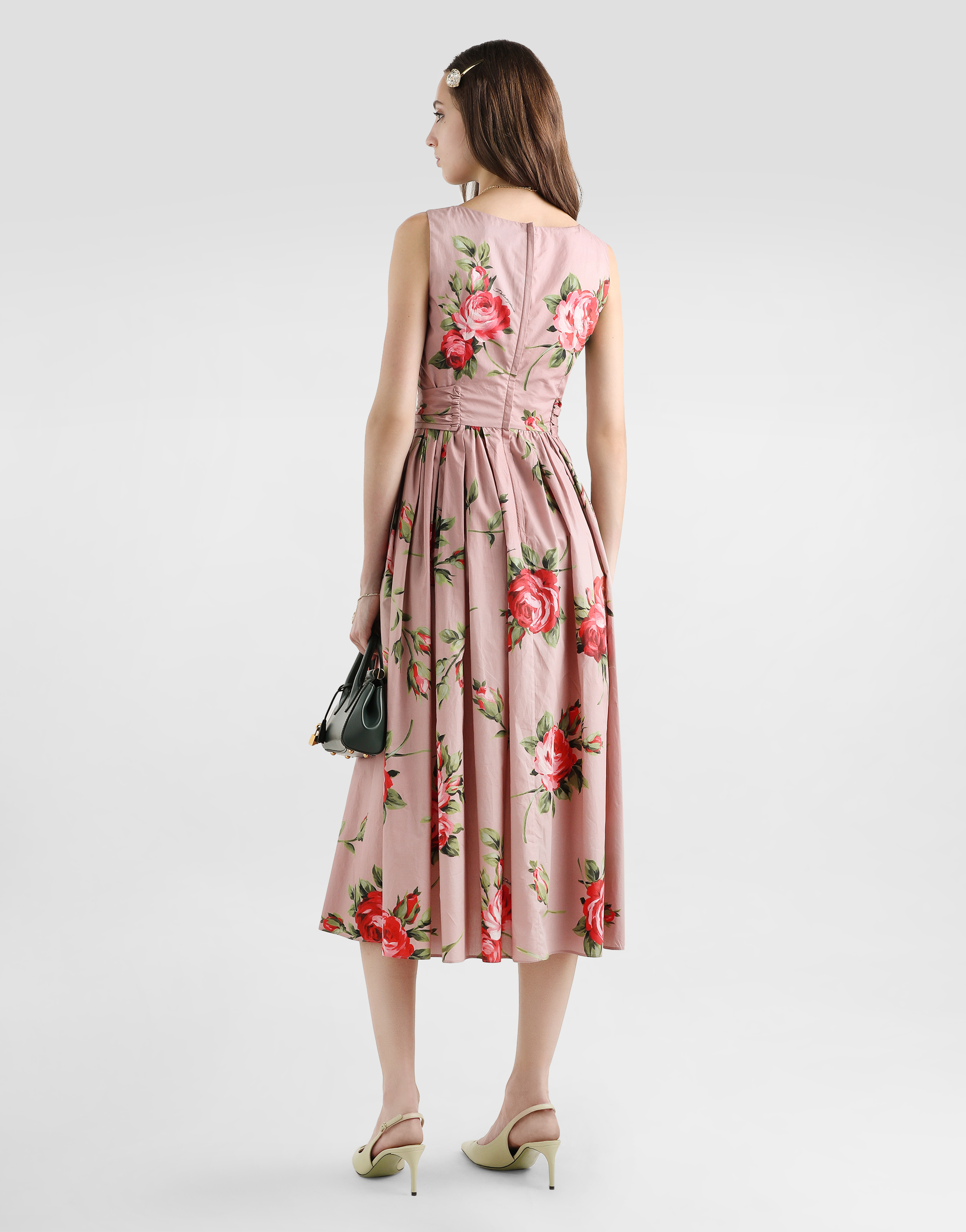 Dolce & Gabbana Cotton Sleeveless Boat Neck Floral Print Midi Dress In Animal Print