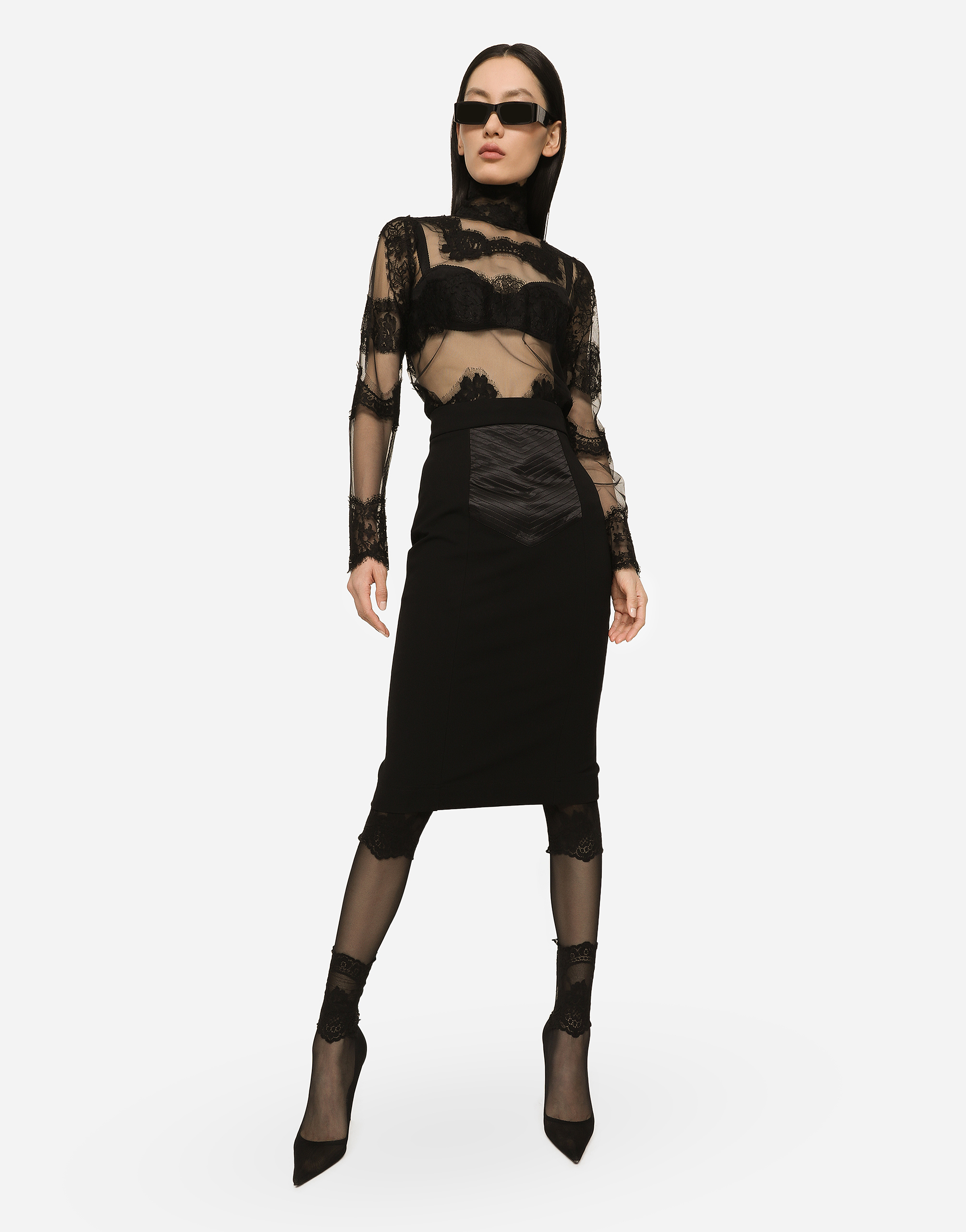 DOLCE & GABBANA TULLE TURTLE-NECK TOP WITH LACE INSERTS