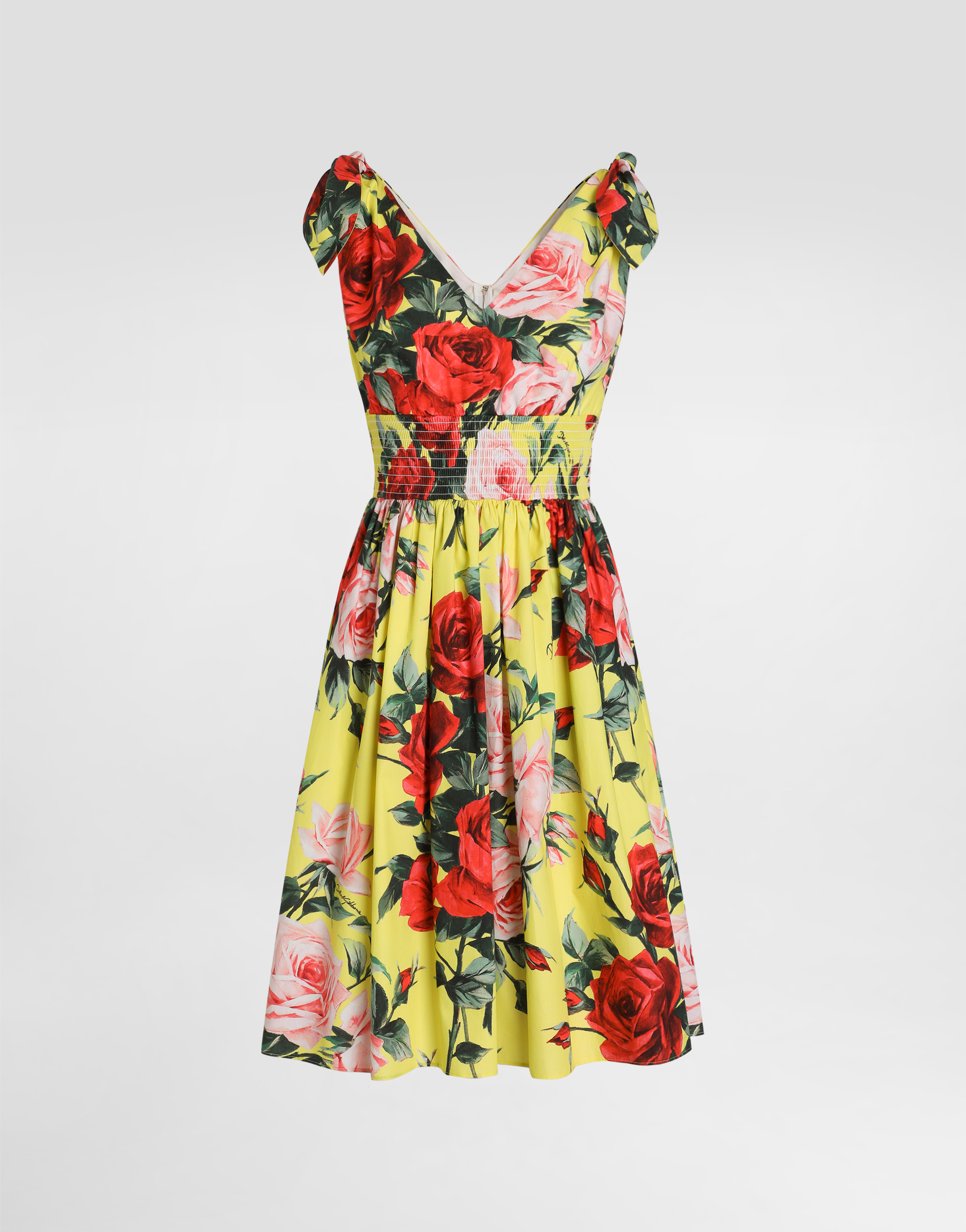 Dolce & Gabbana Cotton Midi Dress With Bouquet Print And Tie Details In Print