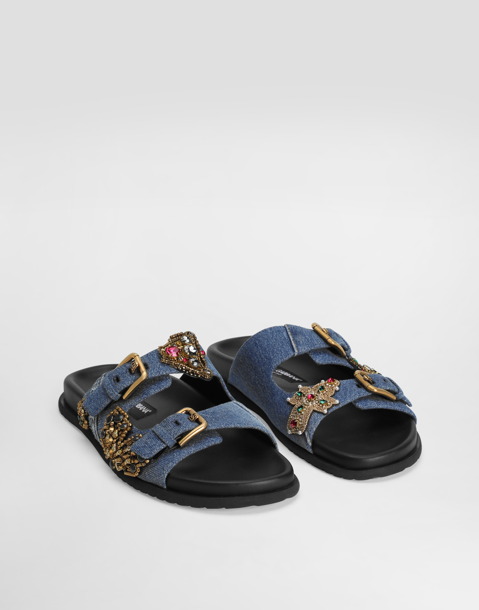 Dolce & Gabbana Flat Denim Slippers With Embroidery In Blue