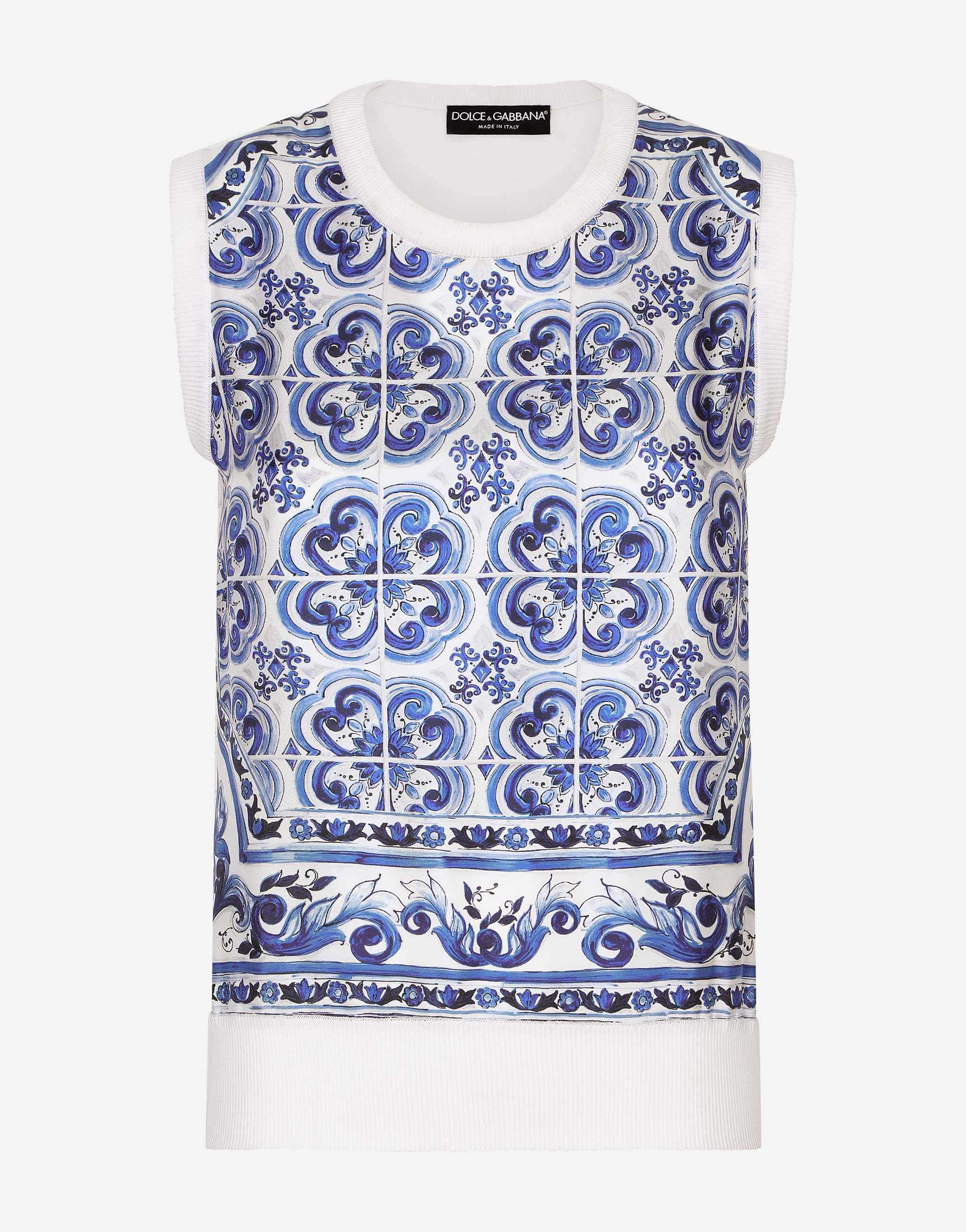 Dolce & Gabbana Sleeveless Silk And Twill Sweater With Majolica Print - Woman Sweaters And Cardigans Blue Silk