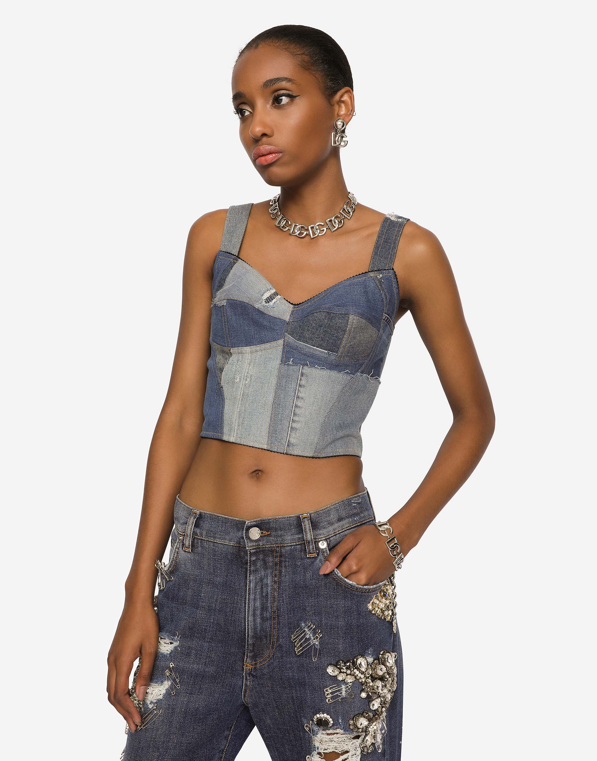 DOLCE & GABBANA PATCHWORK DENIM CORSET