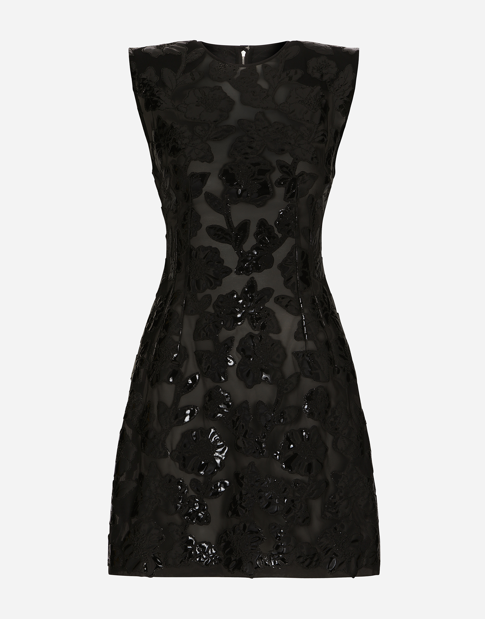 DOLCE & GABBANA SHORT MARQUISETTE DRESS WITH PATENT FLORAL EMBELLISHMENT