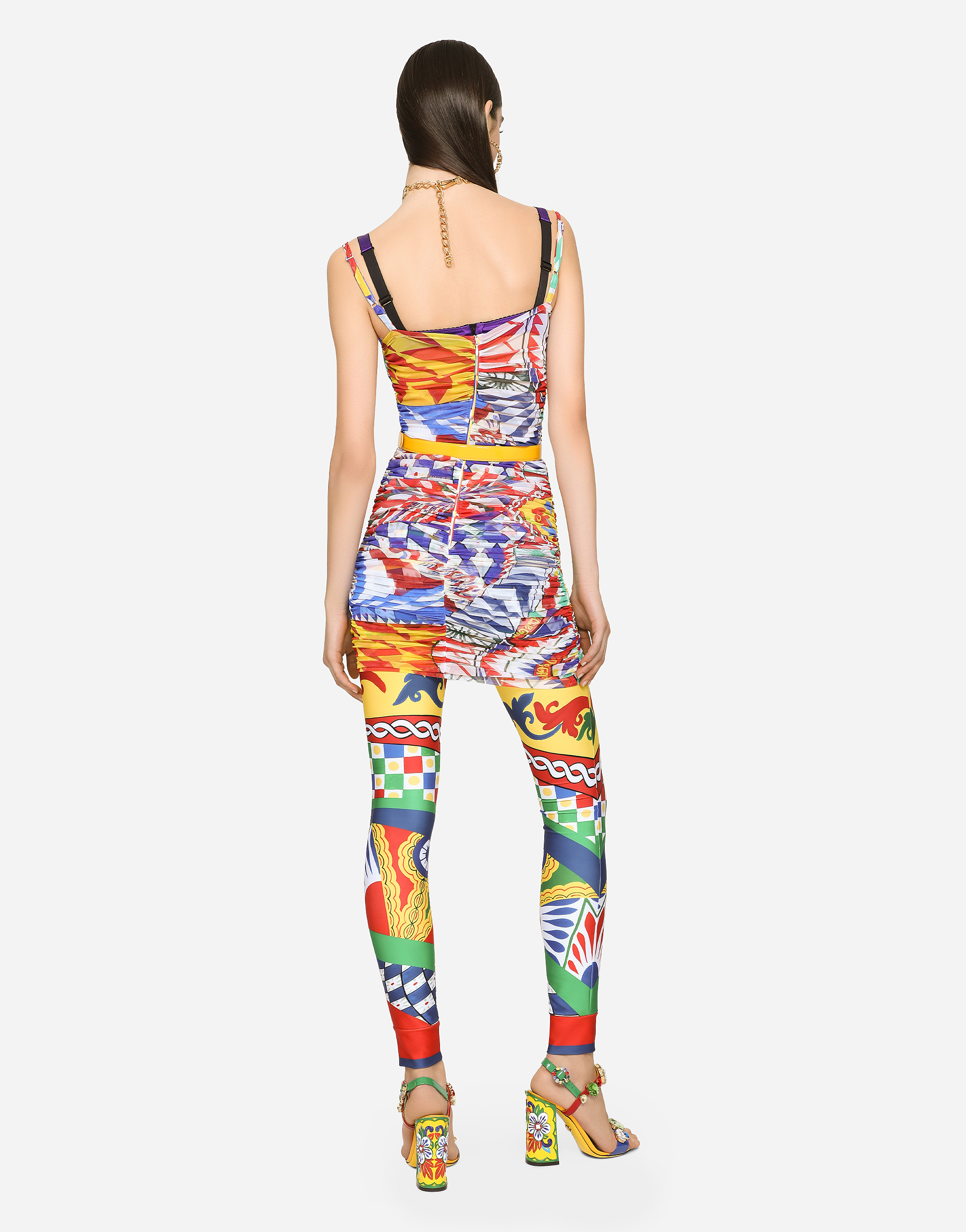 DOLCE & GABBANA SHORT DRAPED TULLE DRESS WITH CARRETTO PRINT