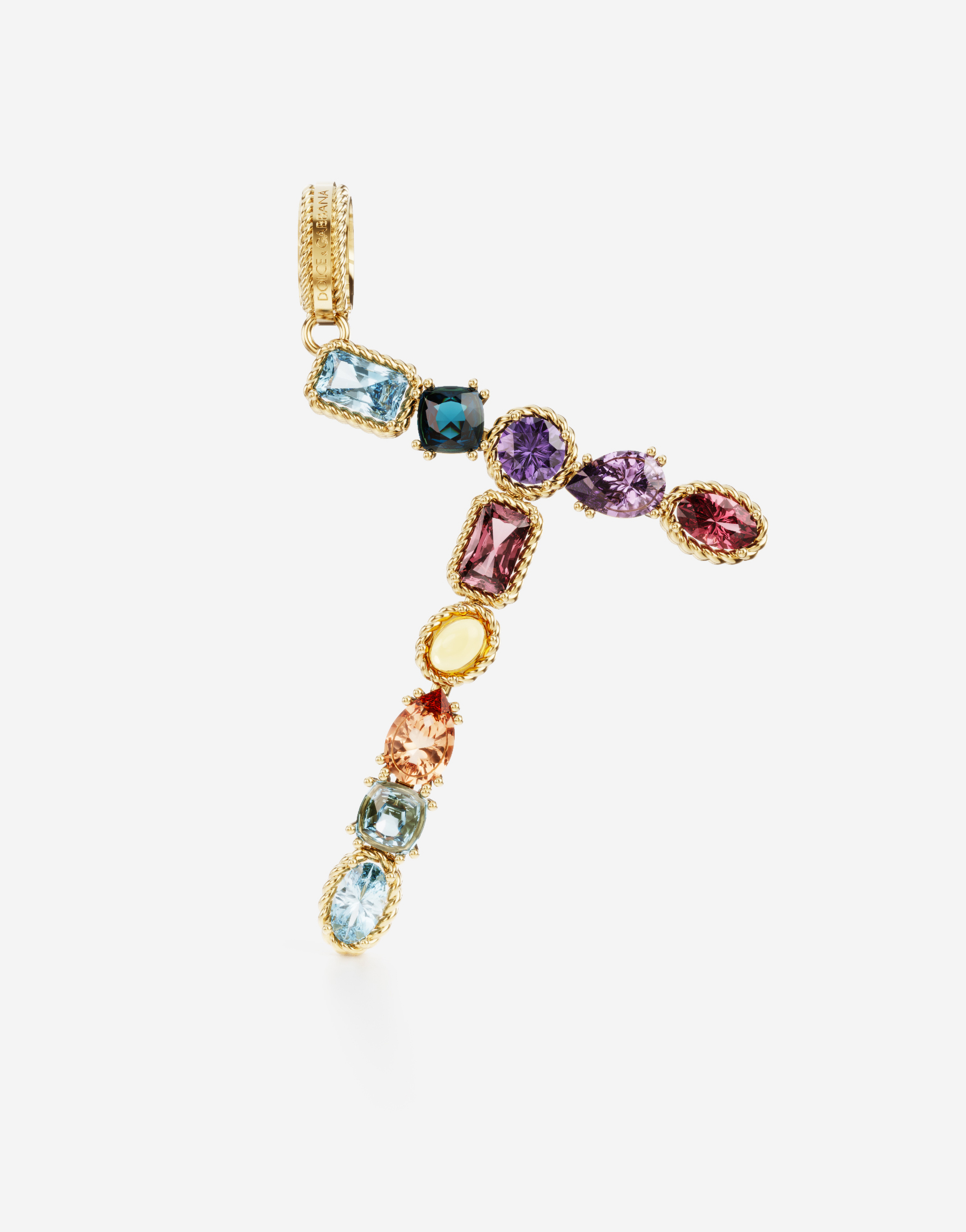 Dolce & Gabbana Rainbow Alphabet T 18 Kt Yellow Gold Charm With Multicolor Fine Gems Gold Female Onesize