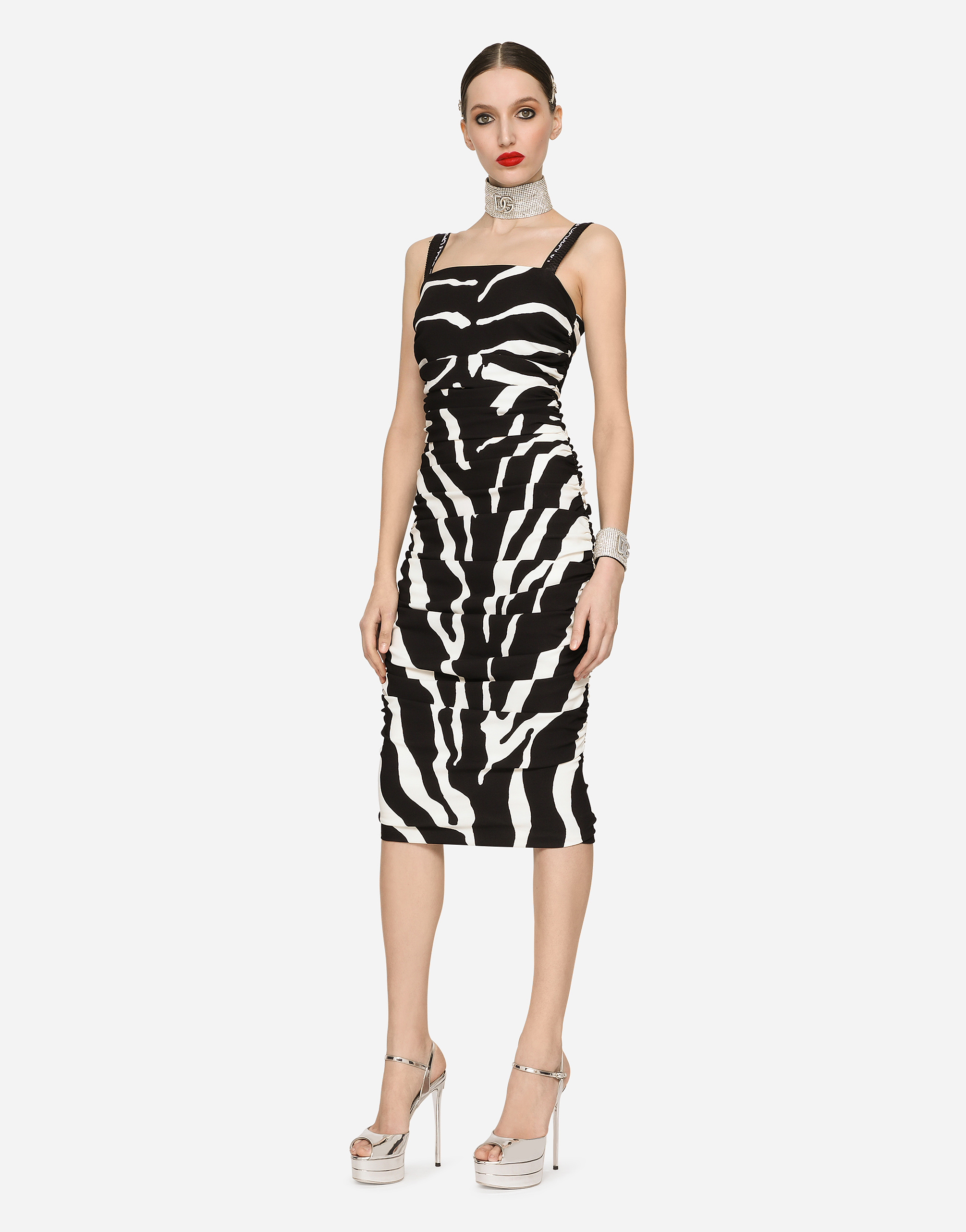 DOLCE & GABBANA ZEBRA-PRINT CADY CALF-LENGTH DRESS WITH DRAPING