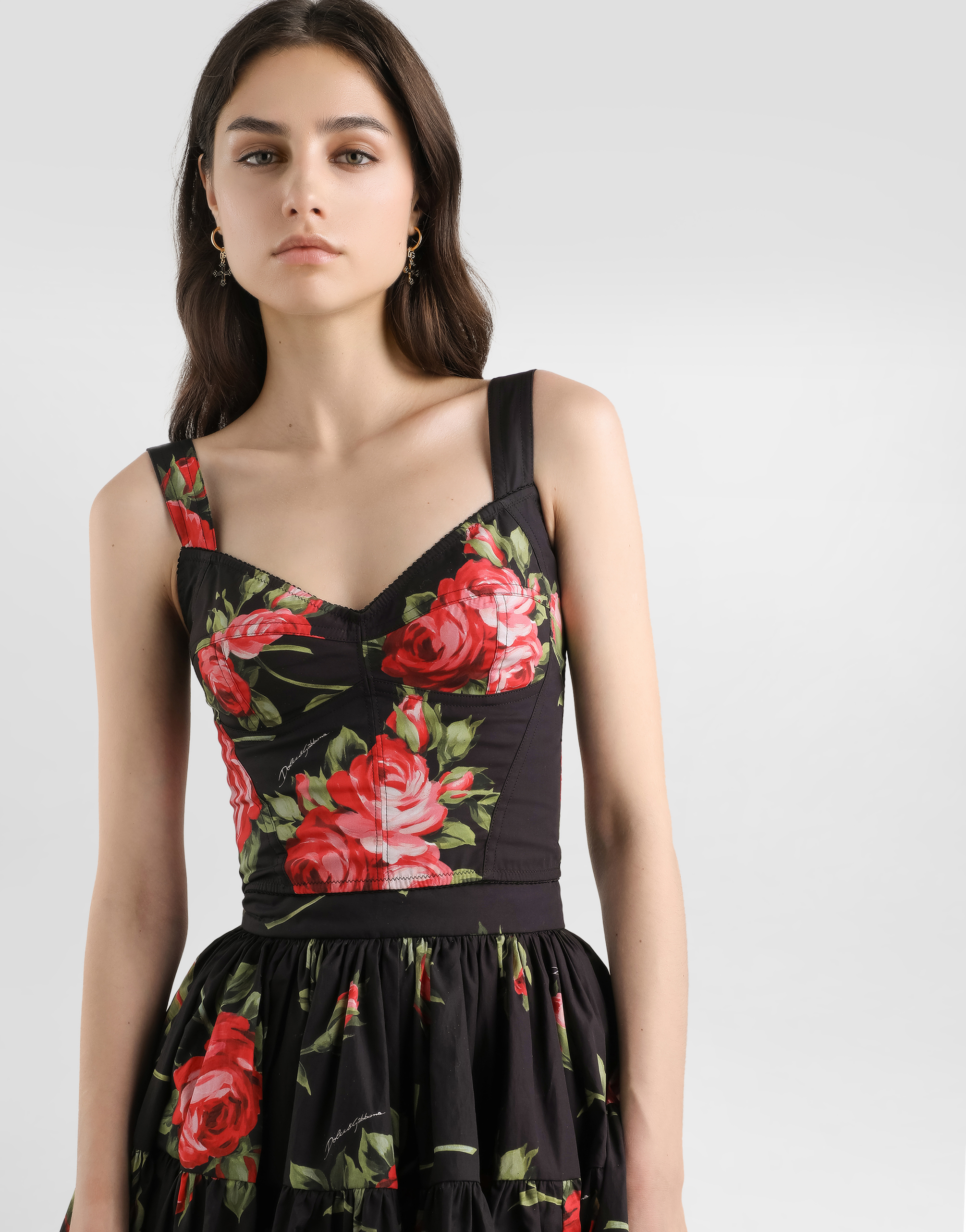 Dolce & Gabbana Fitted Bustier Top For Women - Elegant Rose Bouquet Print - Size 40 In Multi