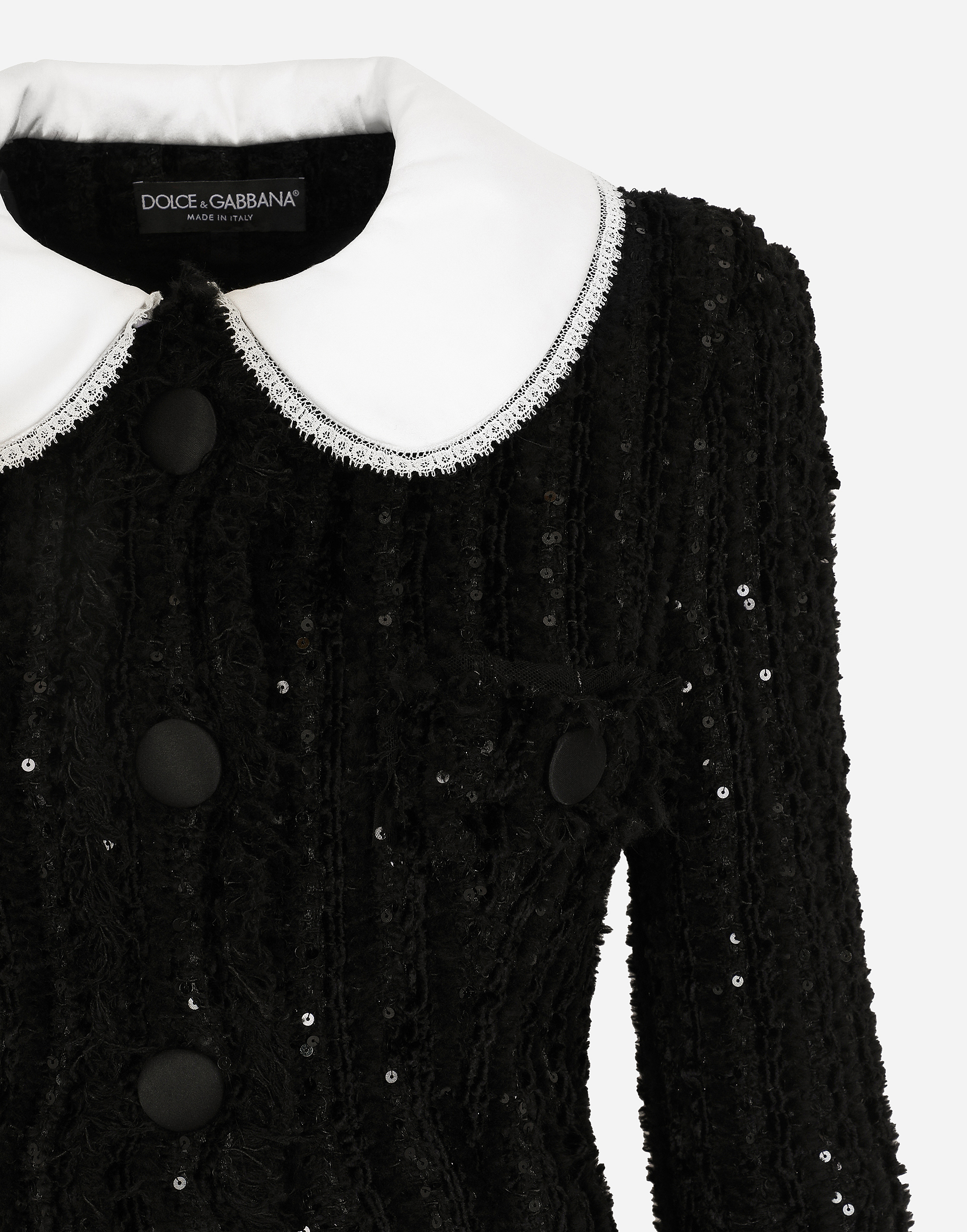 Tweed jacket with micro-sequin embellishment and satin collar