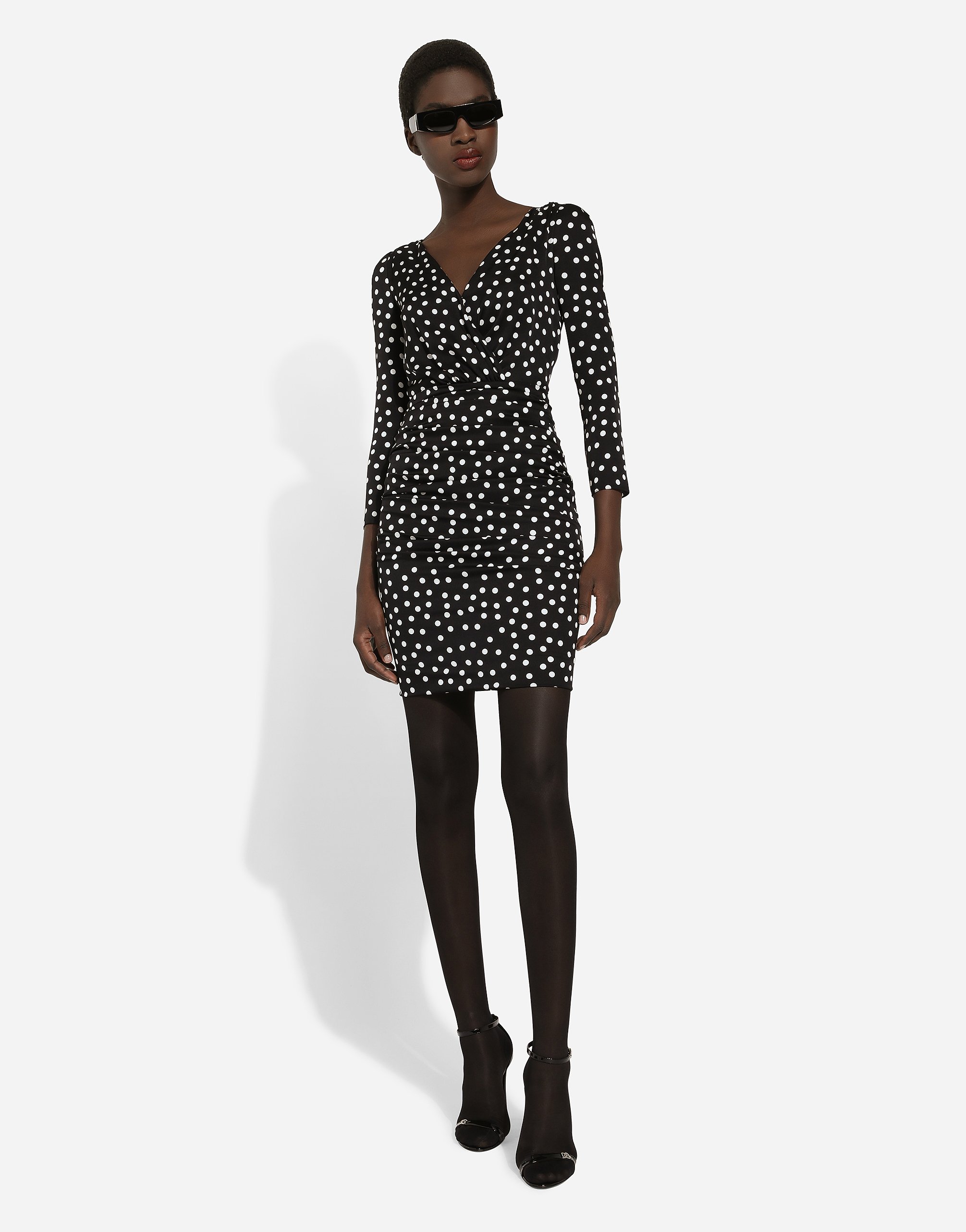 Shop Dolce & Gabbana Short Charmeuse Dress With Draped Detailing And Micro Polka-dot Print