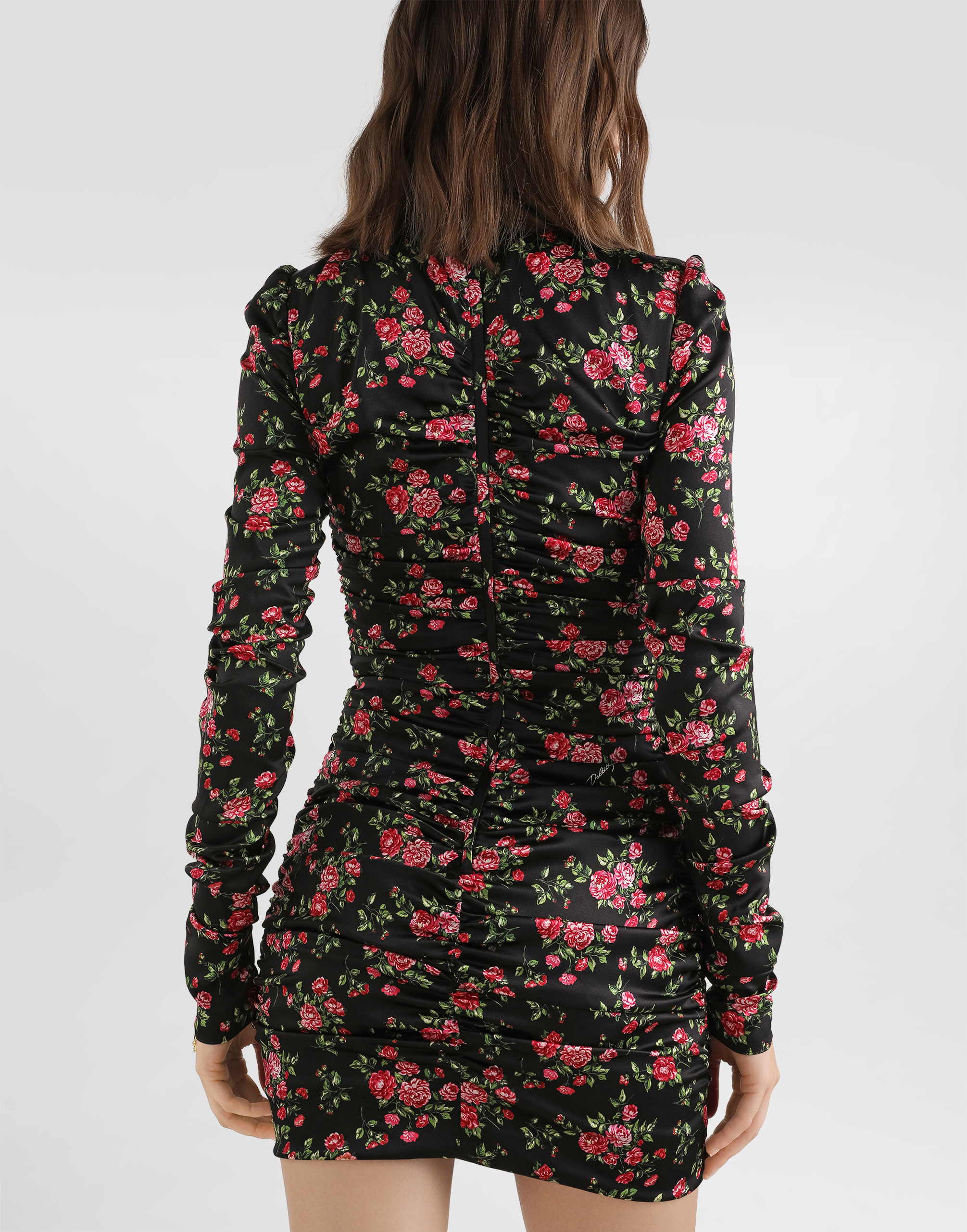 Dolce & Gabbana Black Dress With Floral Print And Side Draping In Silk Woman In Multi