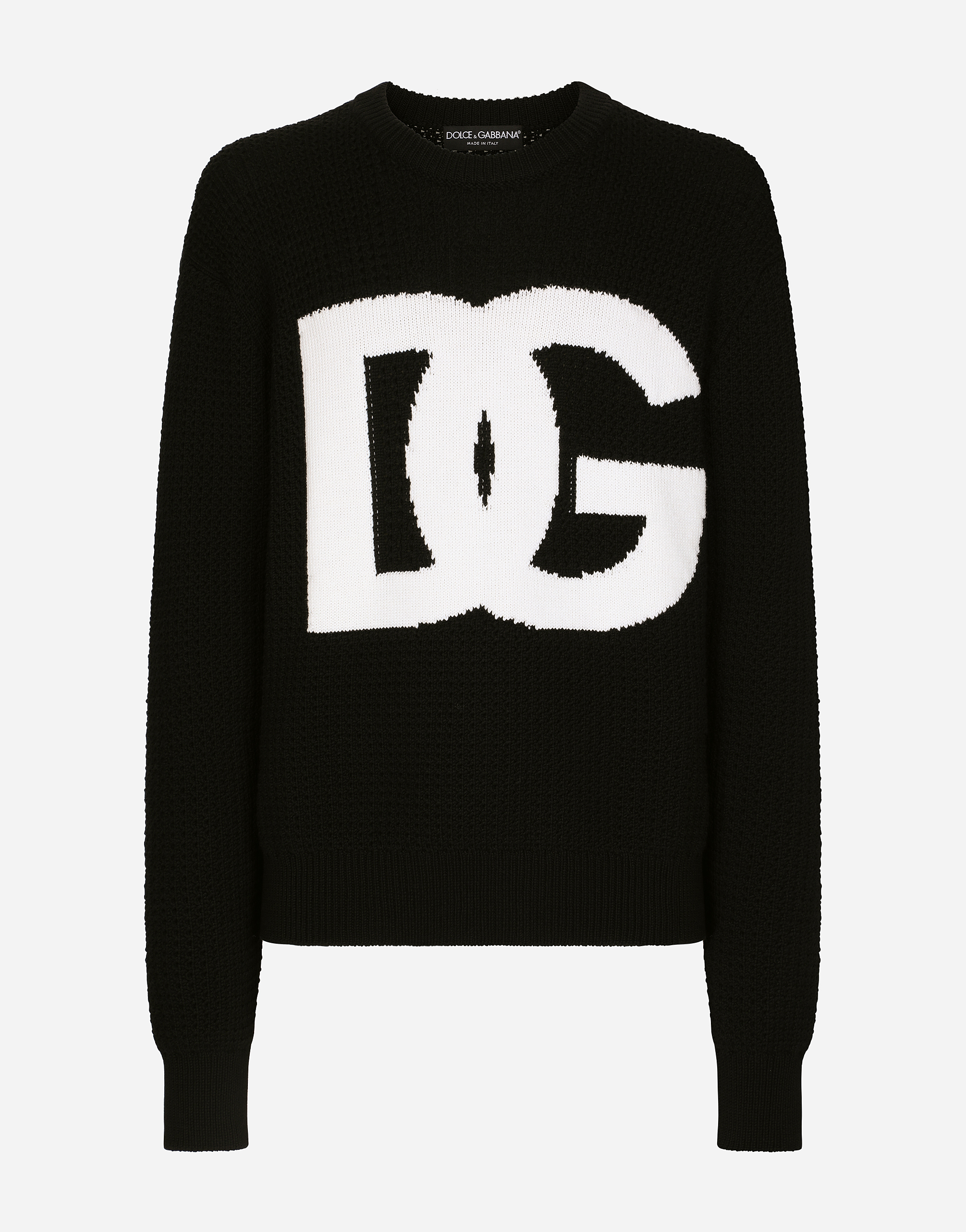 Dolce & Gabbana Round-neck Wool Sweater With Dg Logo Inlay In Multicolor