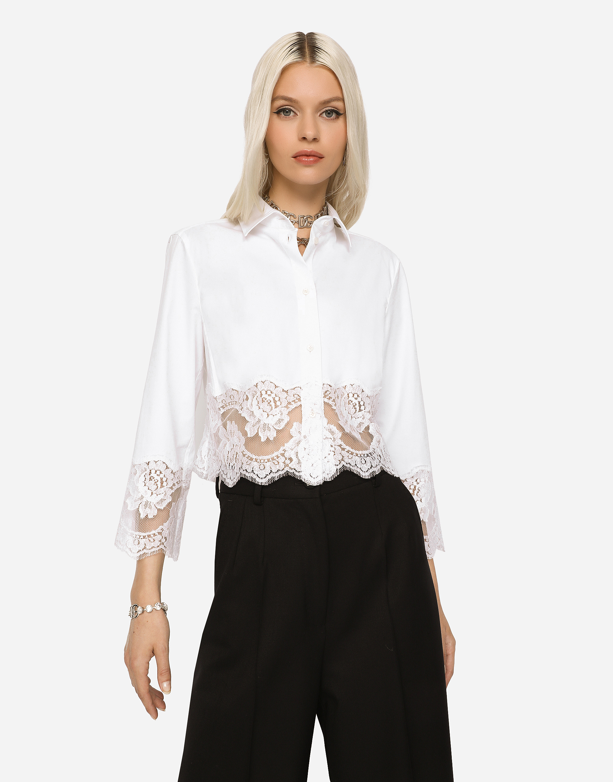 Shop Dolce & Gabbana Cropped Poplin Shirt With Lace Inserts In White