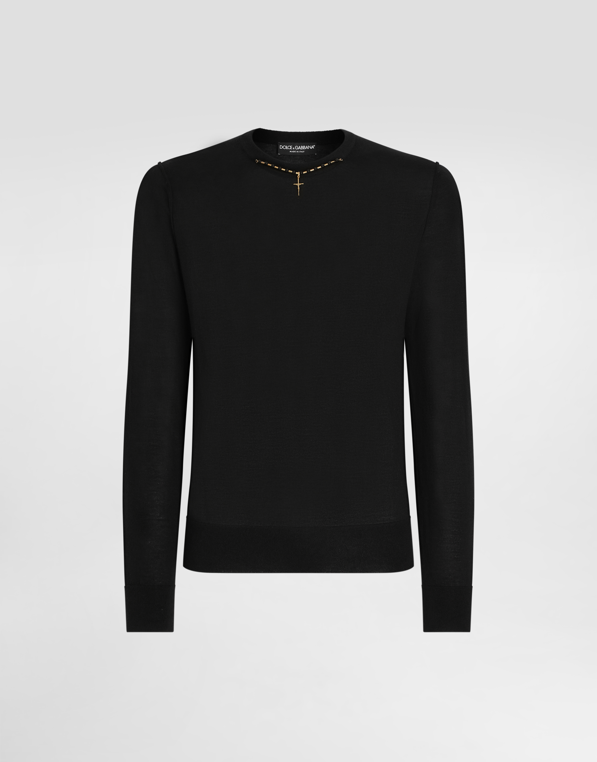 Dolce & Gabbana Round-neck Silk Sweater With Bejeweled Detailing - Man Sweaters And Cardigans Black