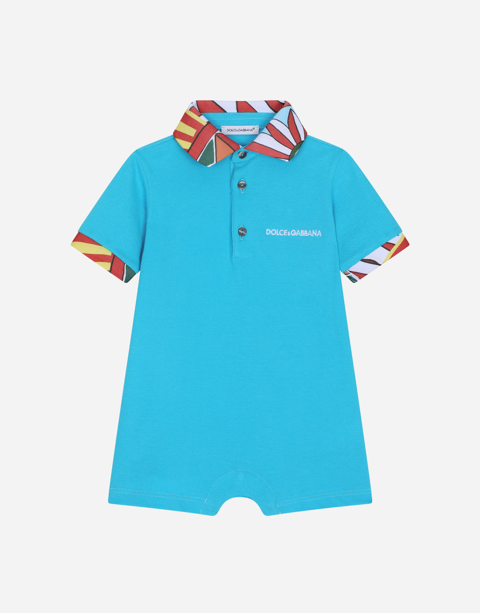 DOLCE & GABBANA PIQUÉ ONESIE WITH CARRETTO-PRINT DETAILS AND LOGO EMBROIDERY