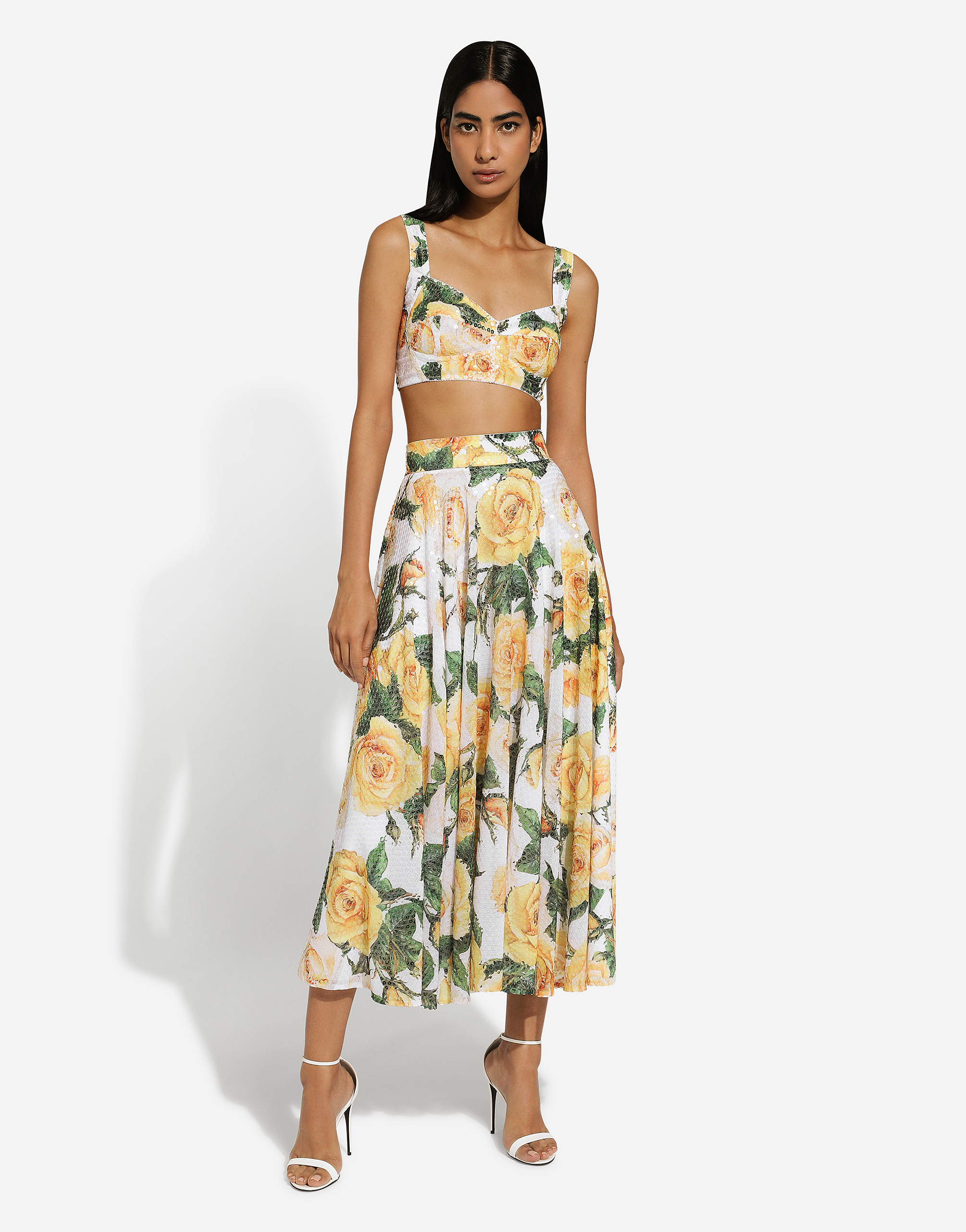 Shop Dolce & Gabbana Sequined Midi Circle Skirt With Yellow Rose Print
