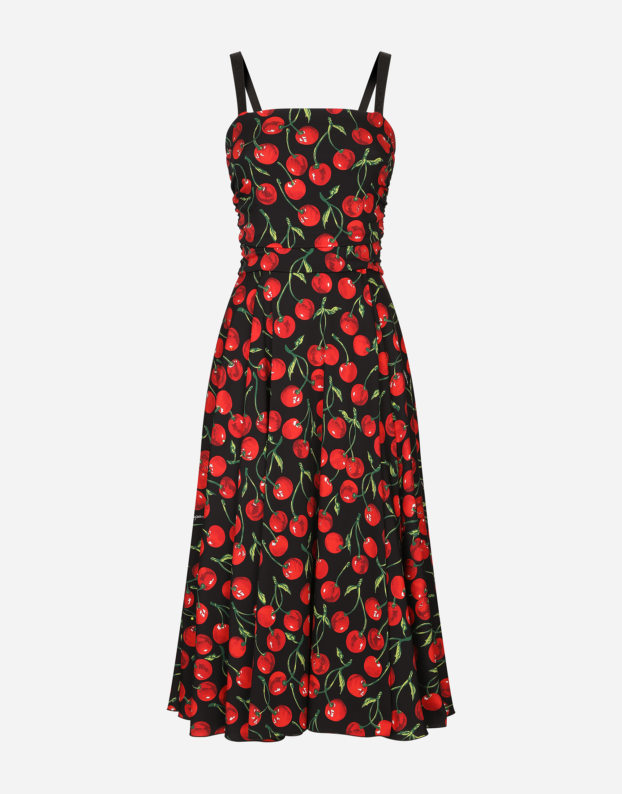 DOLCE & GABBANA CHERRY-PRINT CHARMEUSE CALF-LENGTH DRESS