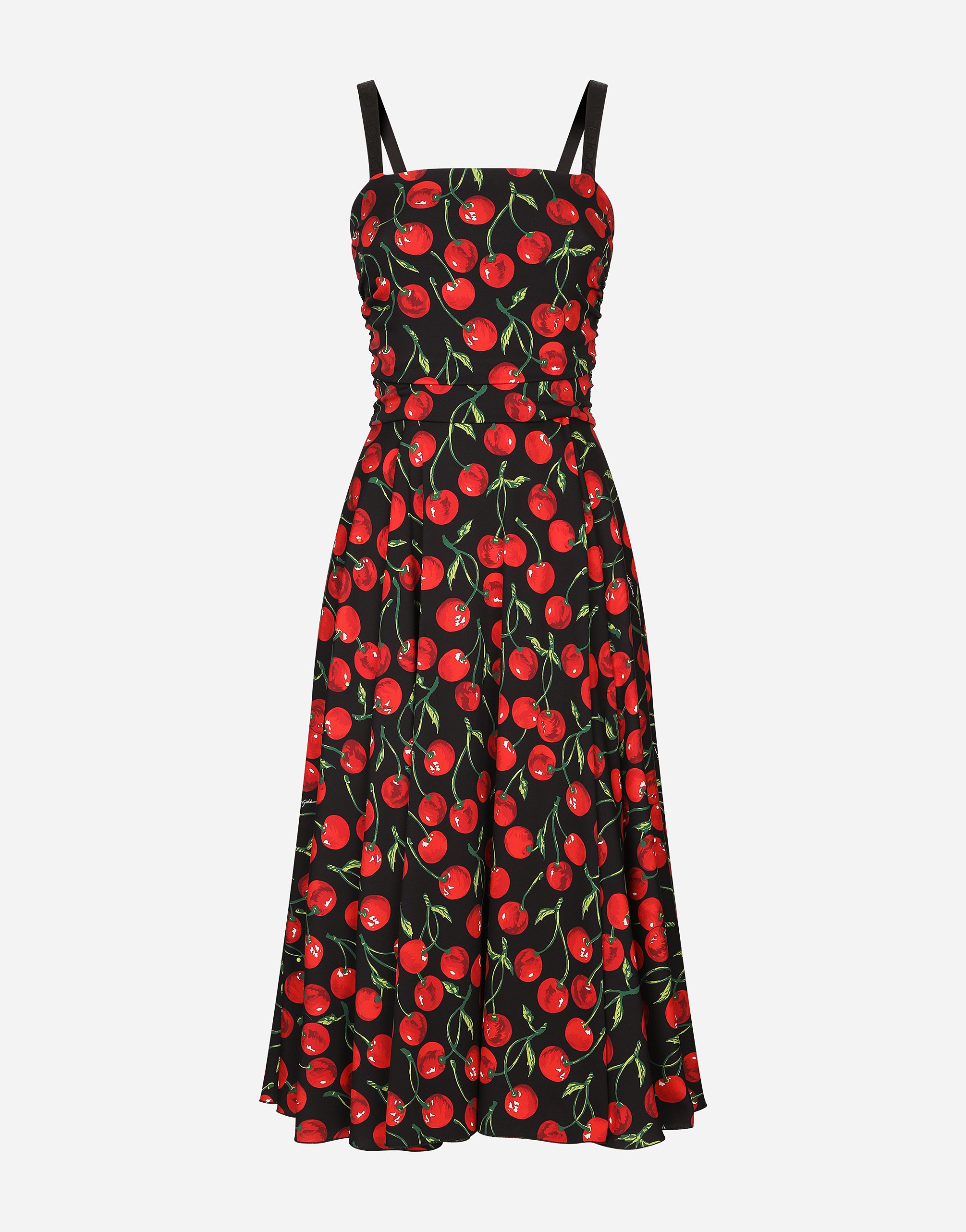 Dolce & Gabbana Cherry-print Charmeuse Calf-length Dress In Multicolor