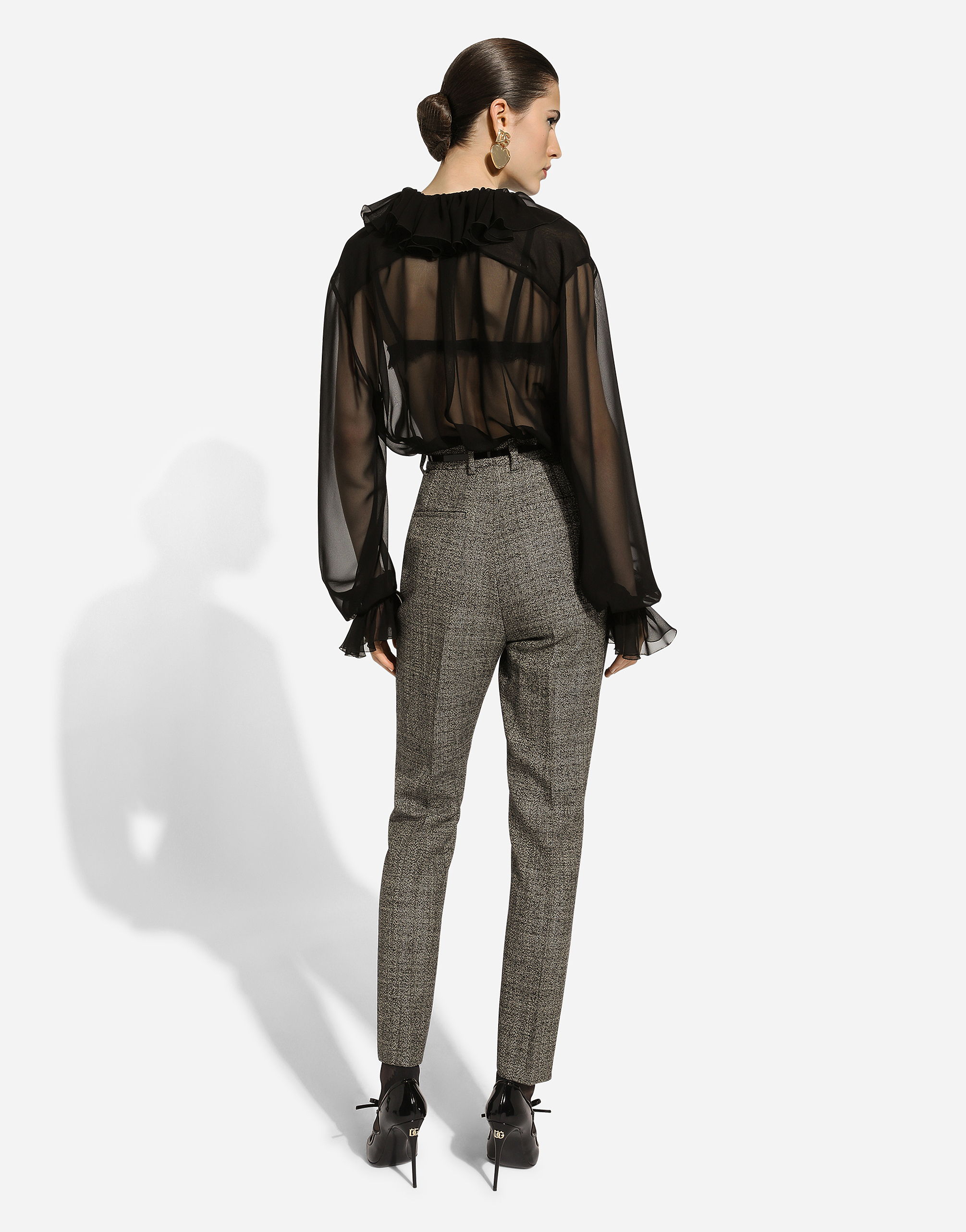 Dolce & Gabbana Sheer Silk Chiffon V-neck Top In Black