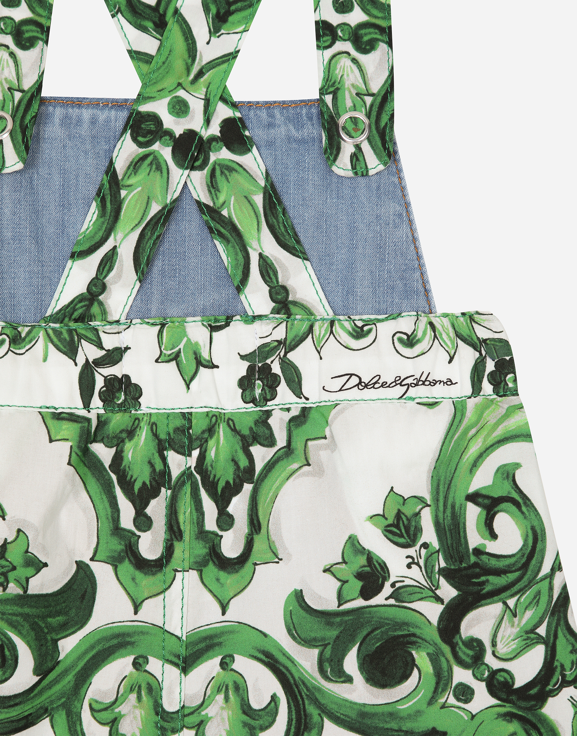 Poplin and denim dungarees with green majolica print