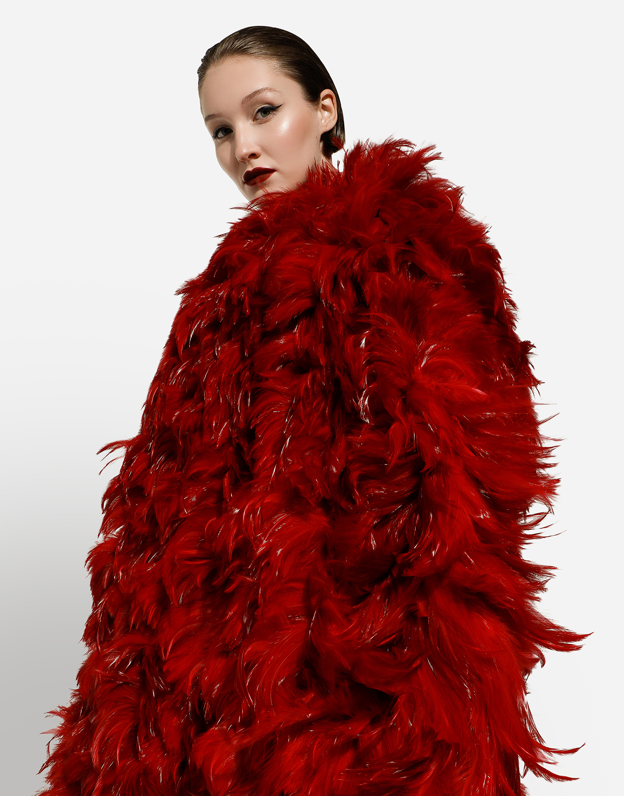 DOLCE & GABBANA ORGANZA COAT WITH ROOSTER FEATHER EMBELLISHMENT