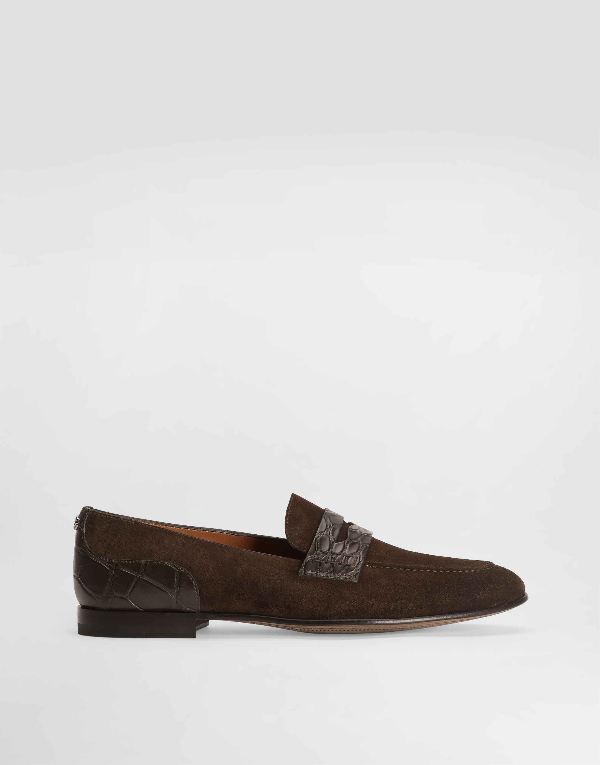 Split calfskin and alligator slippers