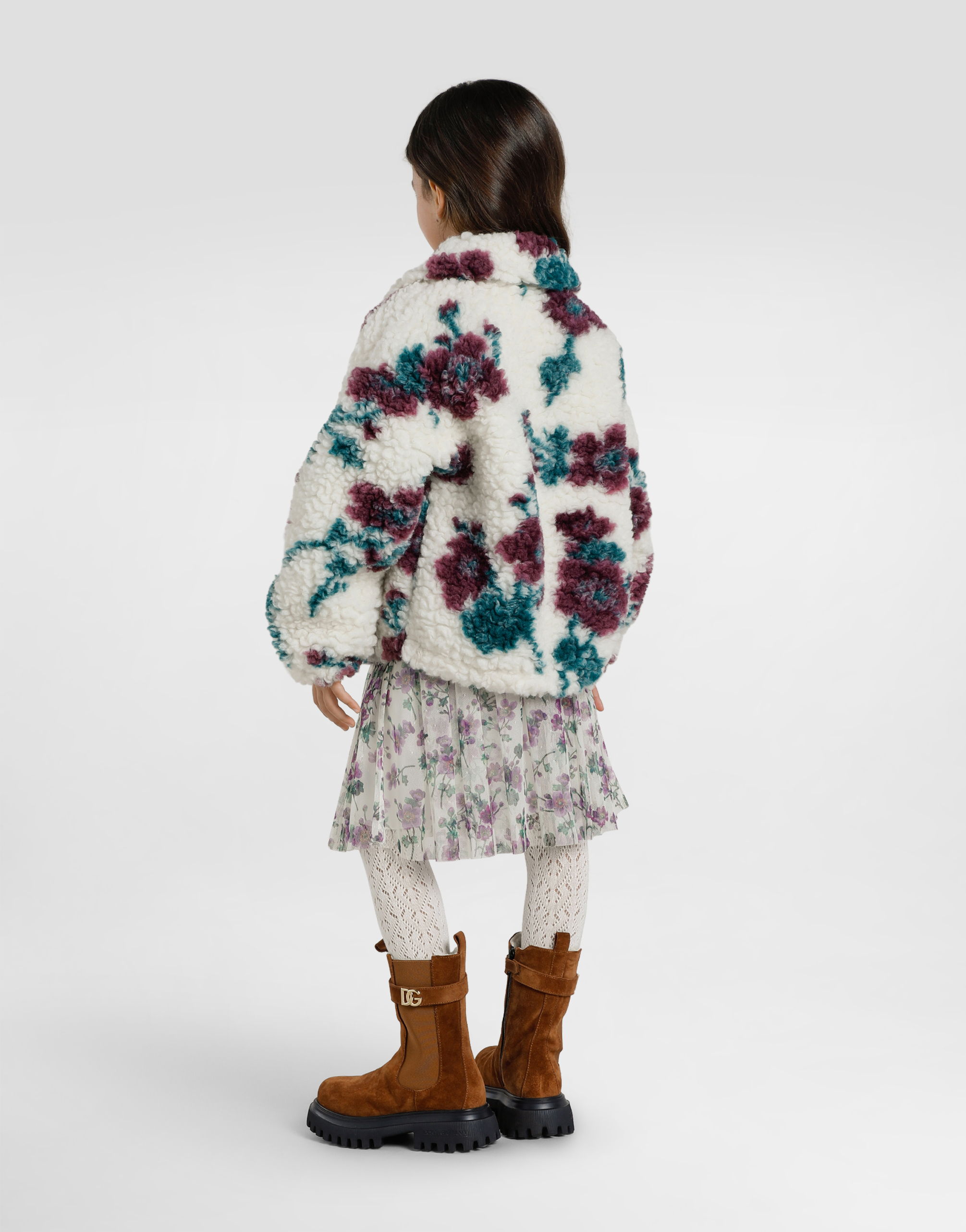 Flower-print fur-like jacket