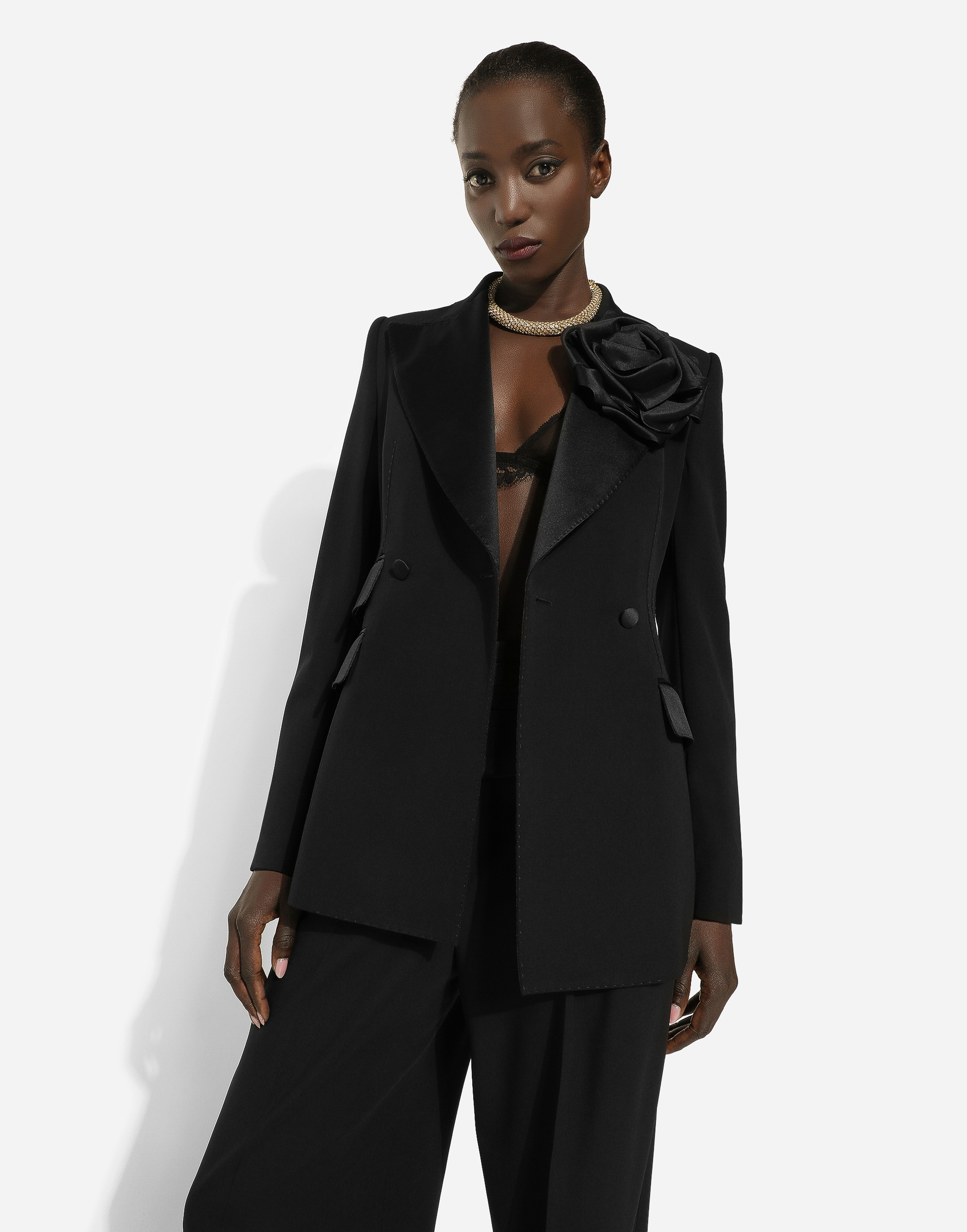 Dolce & Gabbana Wool Tuxedo Jacket With Floral Applique Detail In Black