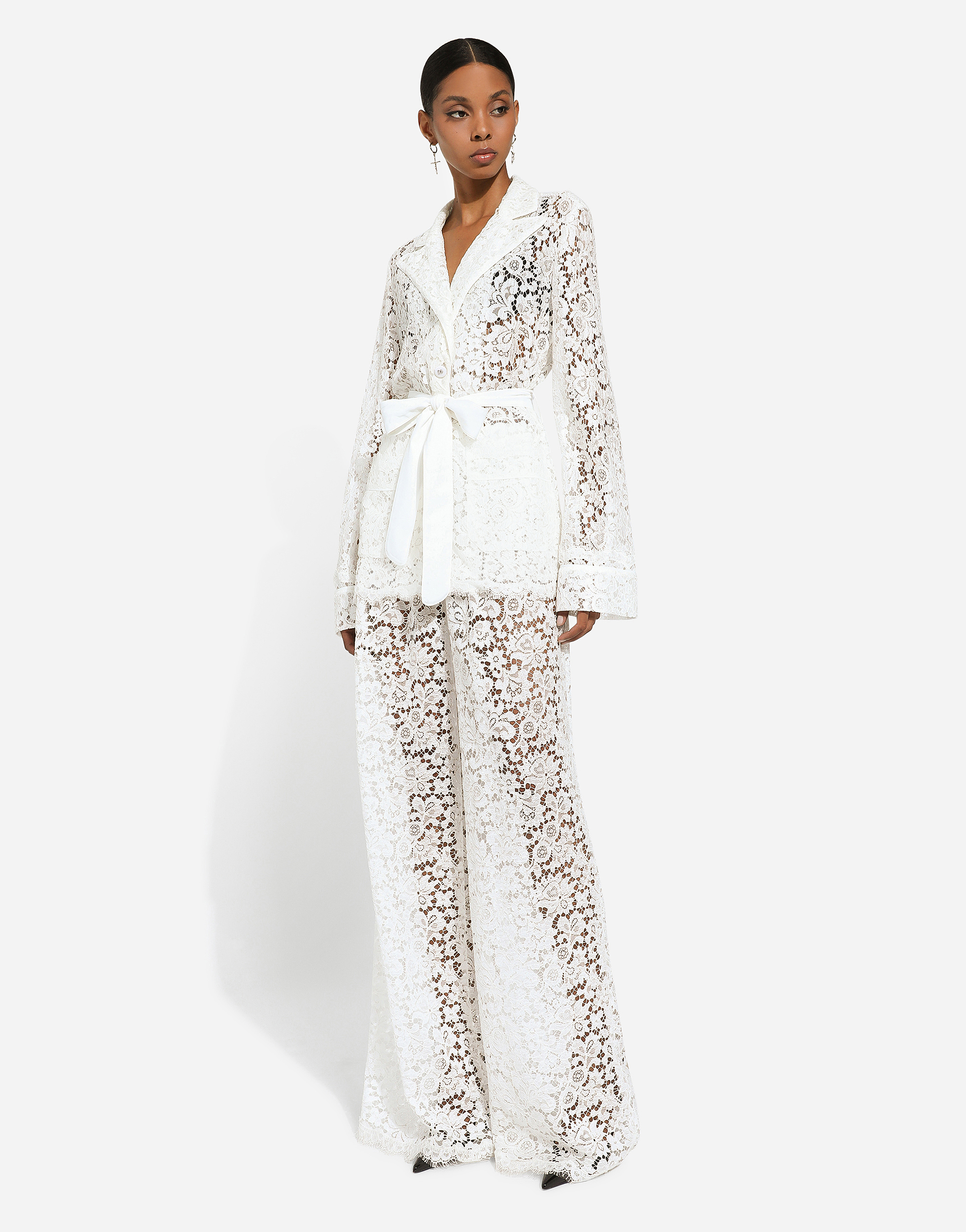 Shop Dolce & Gabbana Floral Cordonetto Lace Pajama Shirt In White