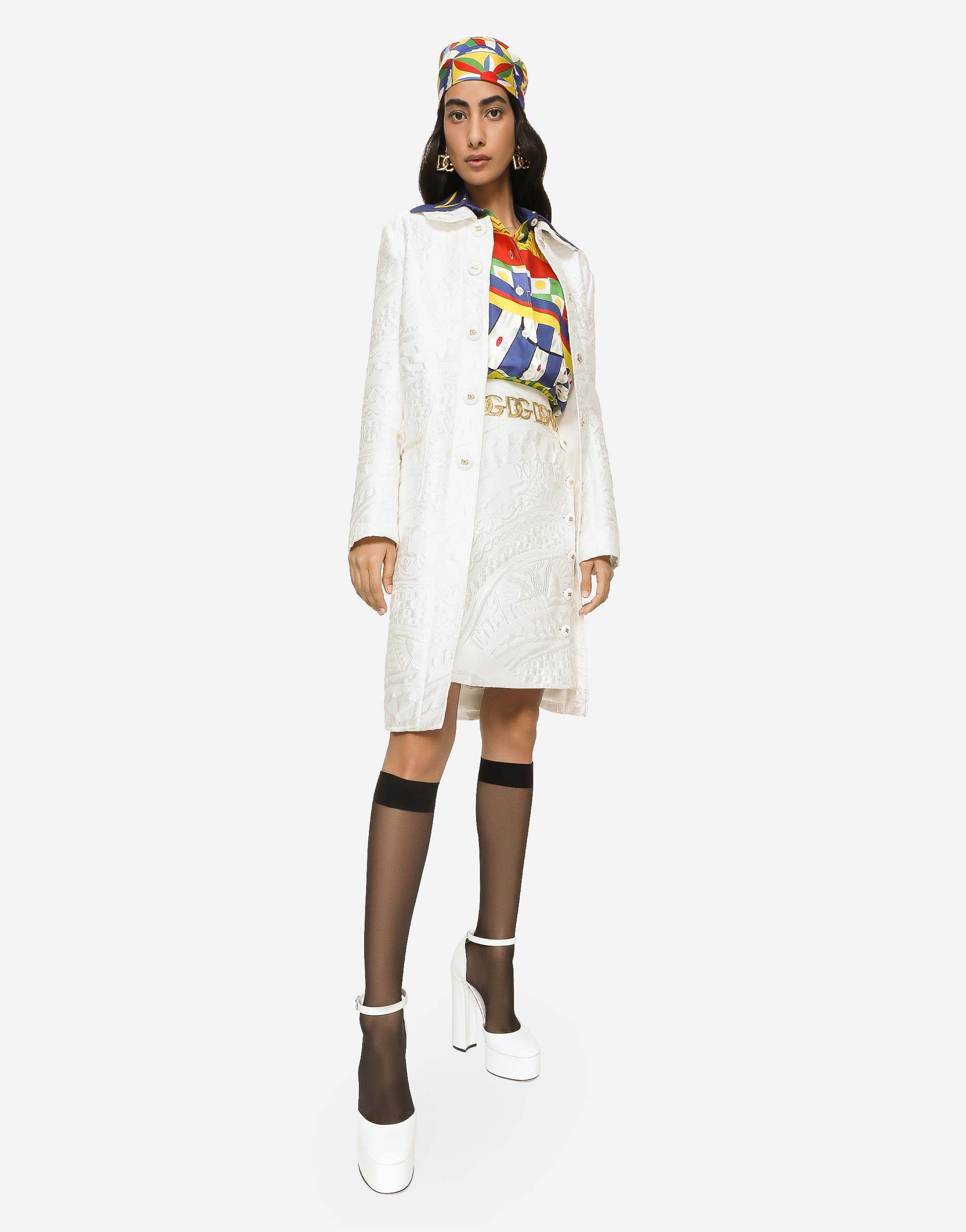 Shop Dolce & Gabbana Brocade Coat With Dg Buttons In White