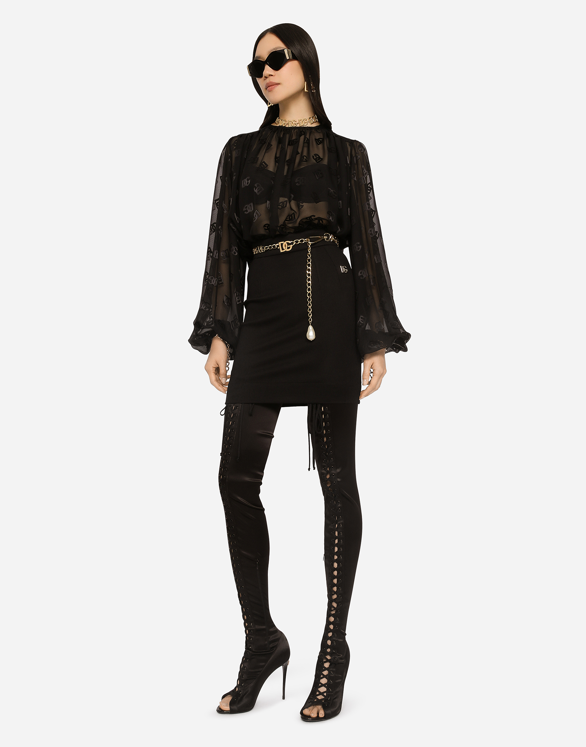 Shop Dolce & Gabbana Devoré Satin Blouse With All-over Dg Logo In Black