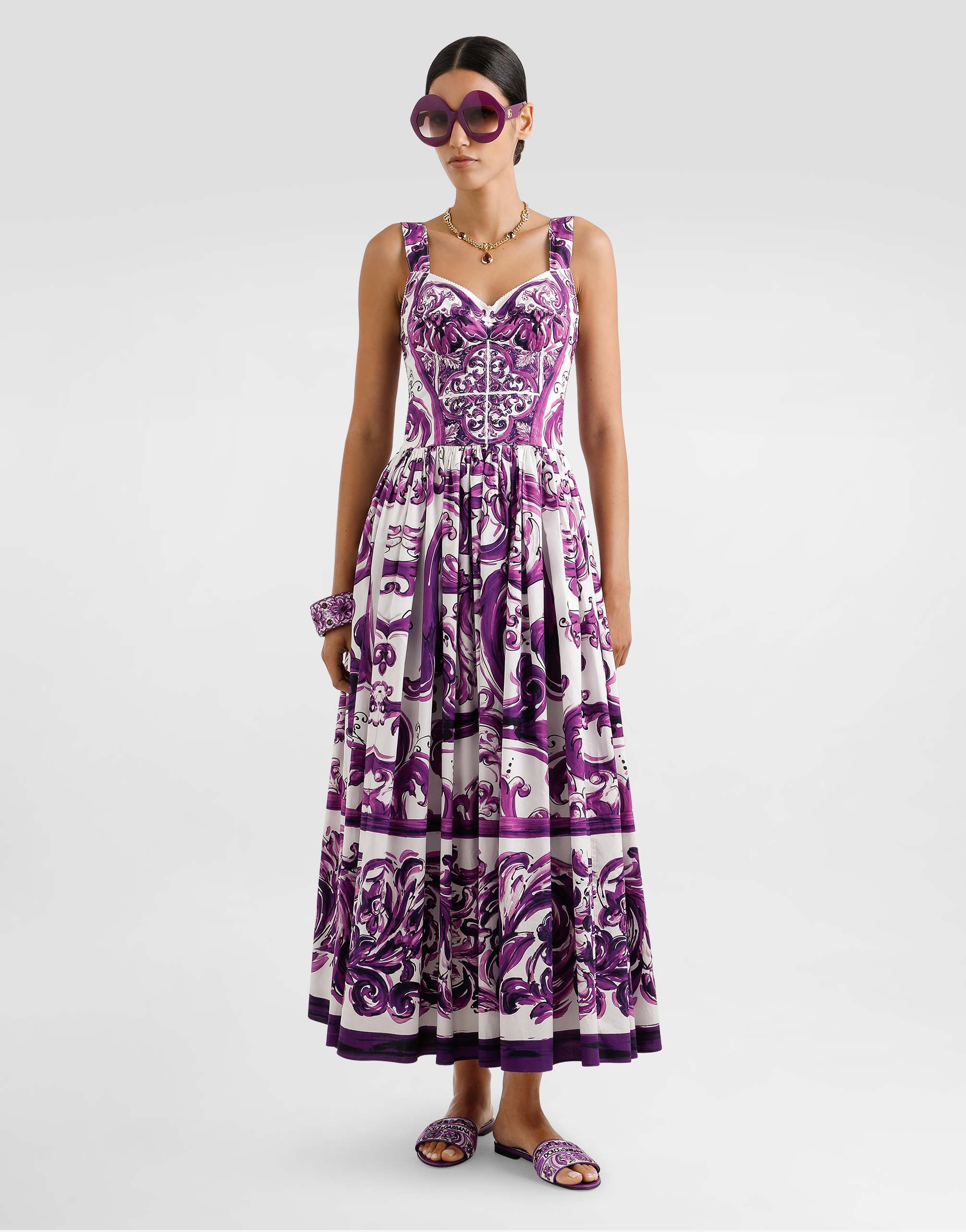 Dolce & Gabbana Long Poplin Dress With Majolica Print In Purple