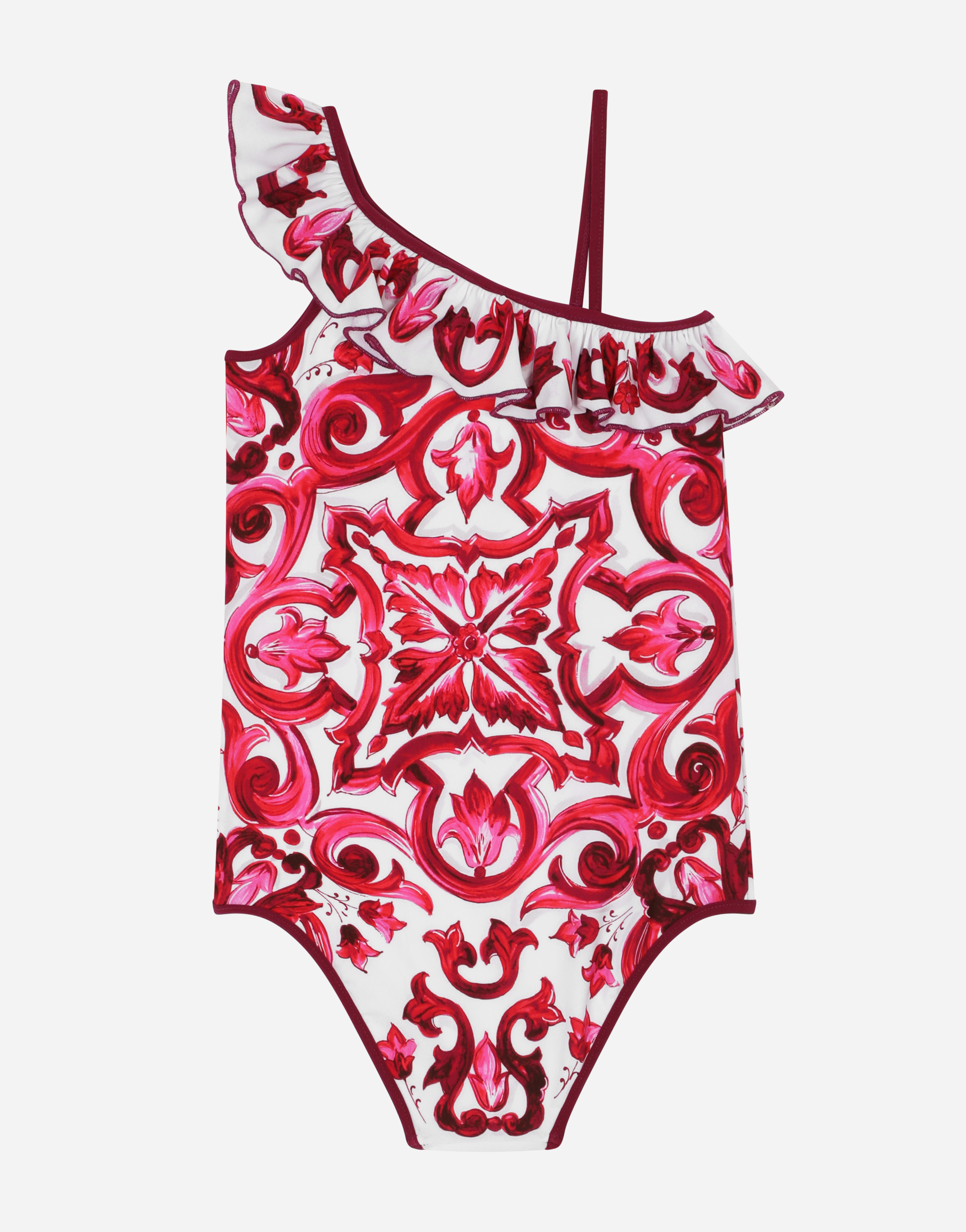 Shop Dolce & Gabbana Majolica-print One-piece Swimsuit With Ruched Neckline In Multicolor